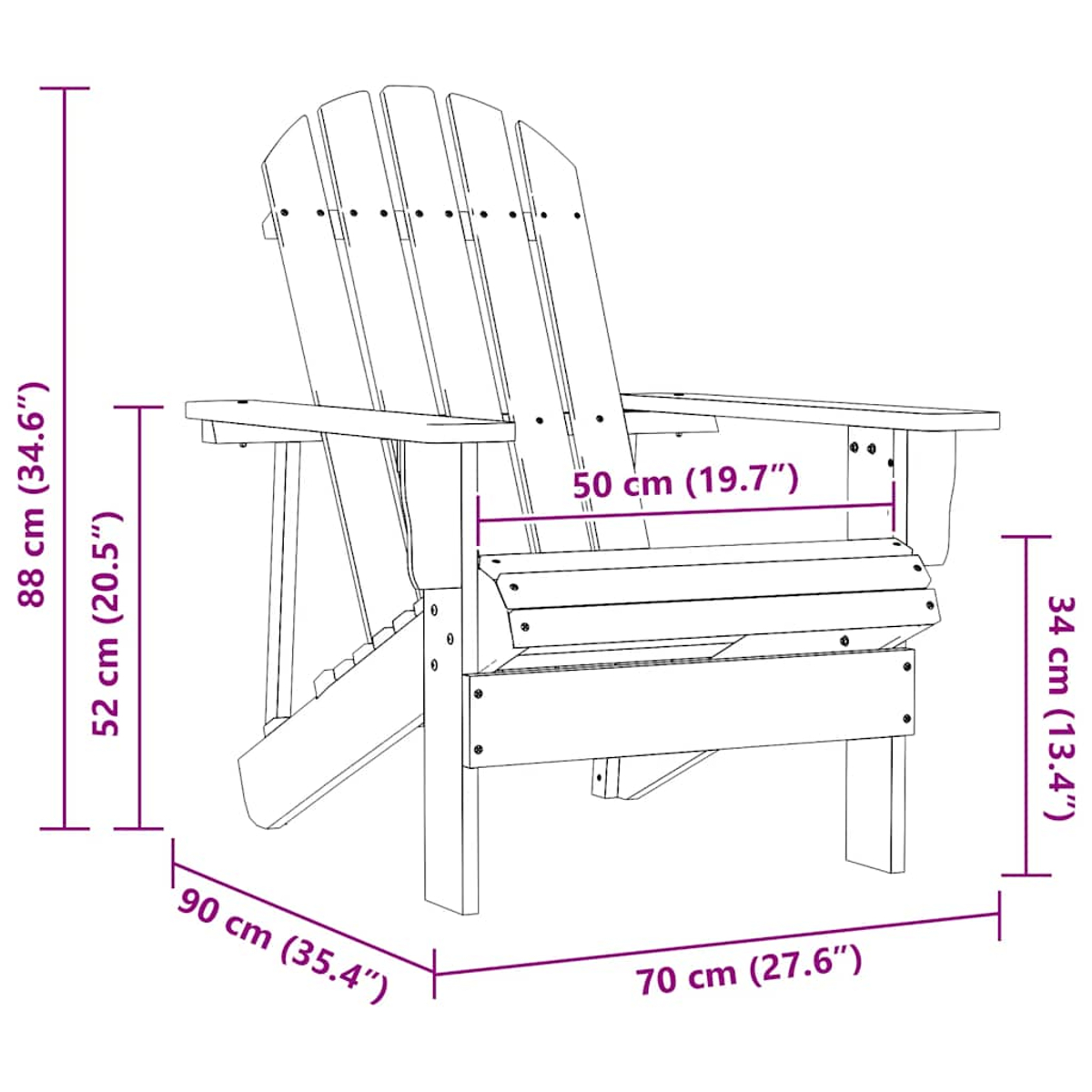 Skizze eines Adirondack-Stuhls mit Maßen: 88 cm H, 52 cm Sitzhöhe, 90 cm Breite, 70 cm Tiefe.