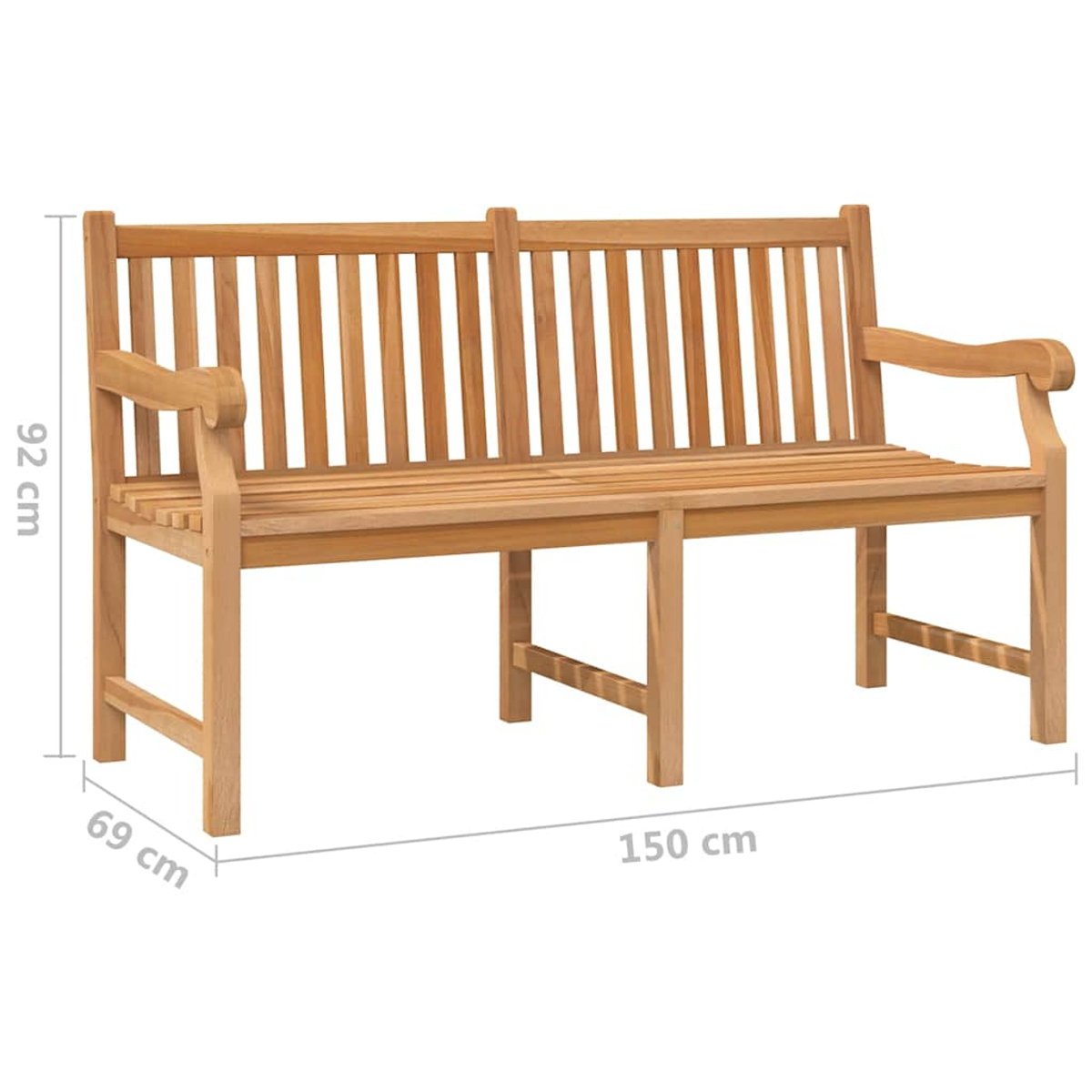 Eine h ölzerne Gartenbank mit Armlehnen, 150 cm breit, 92 cm hoch, 69 cm tief.