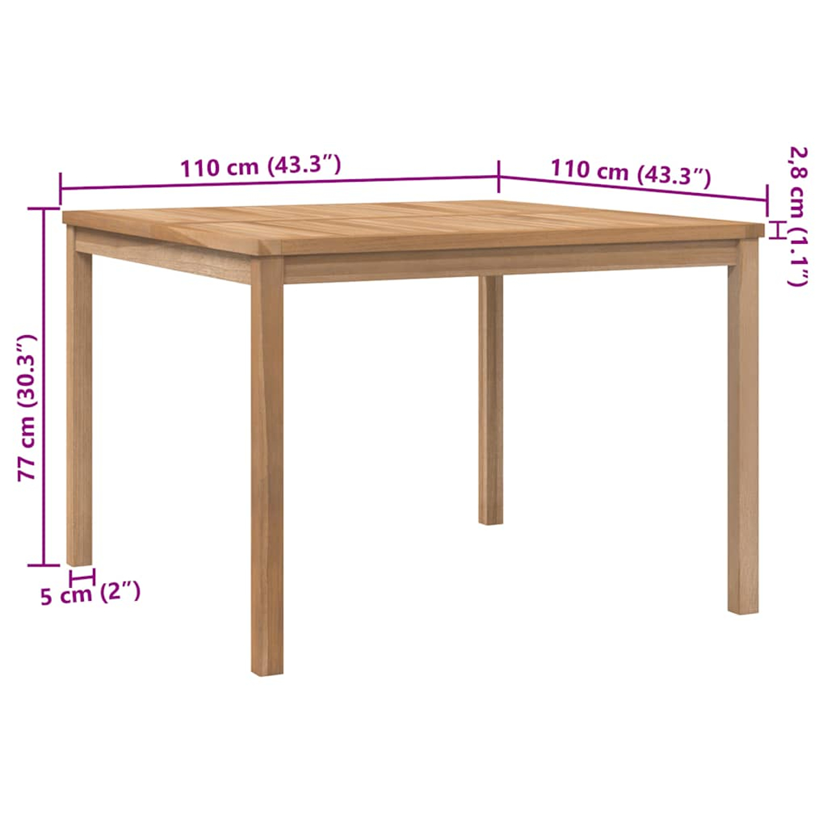 Holztisch mit Maßen 110x110x77cm, Vorderansicht.