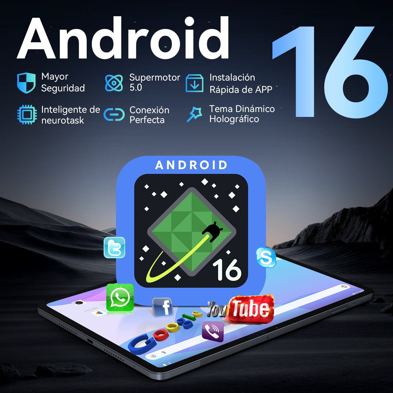 Android 16 características: seguridad, Supermotor 5.0, instalación de apps, neurotask inteligente, conexión perfecta, tema holográfico.