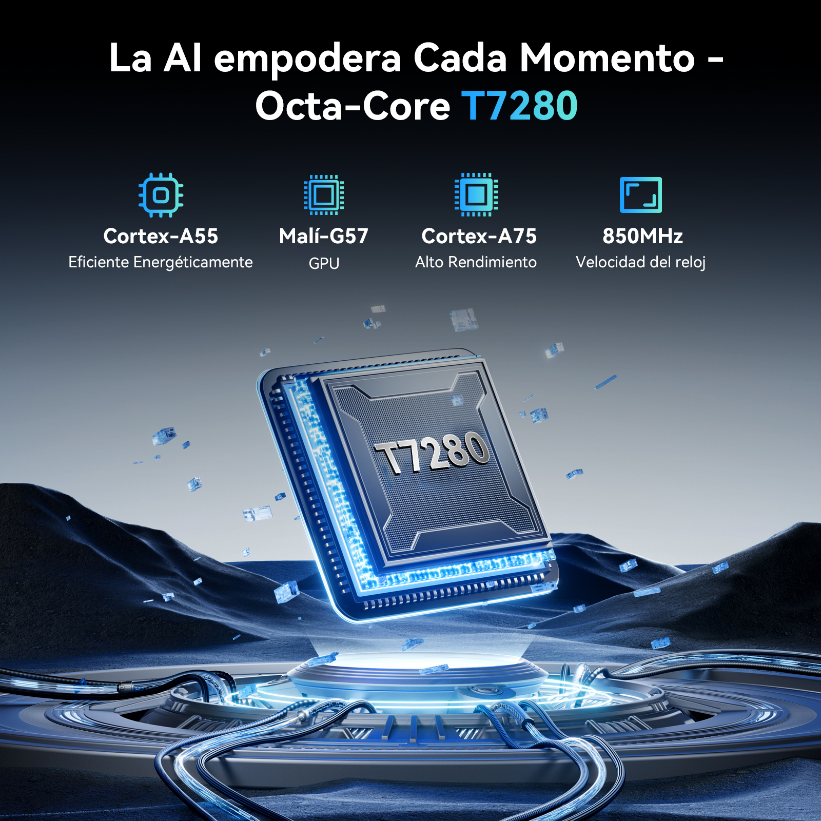 Un chip Octa-Core T7280 con luces azules flota sobre una plataforma futurista.
