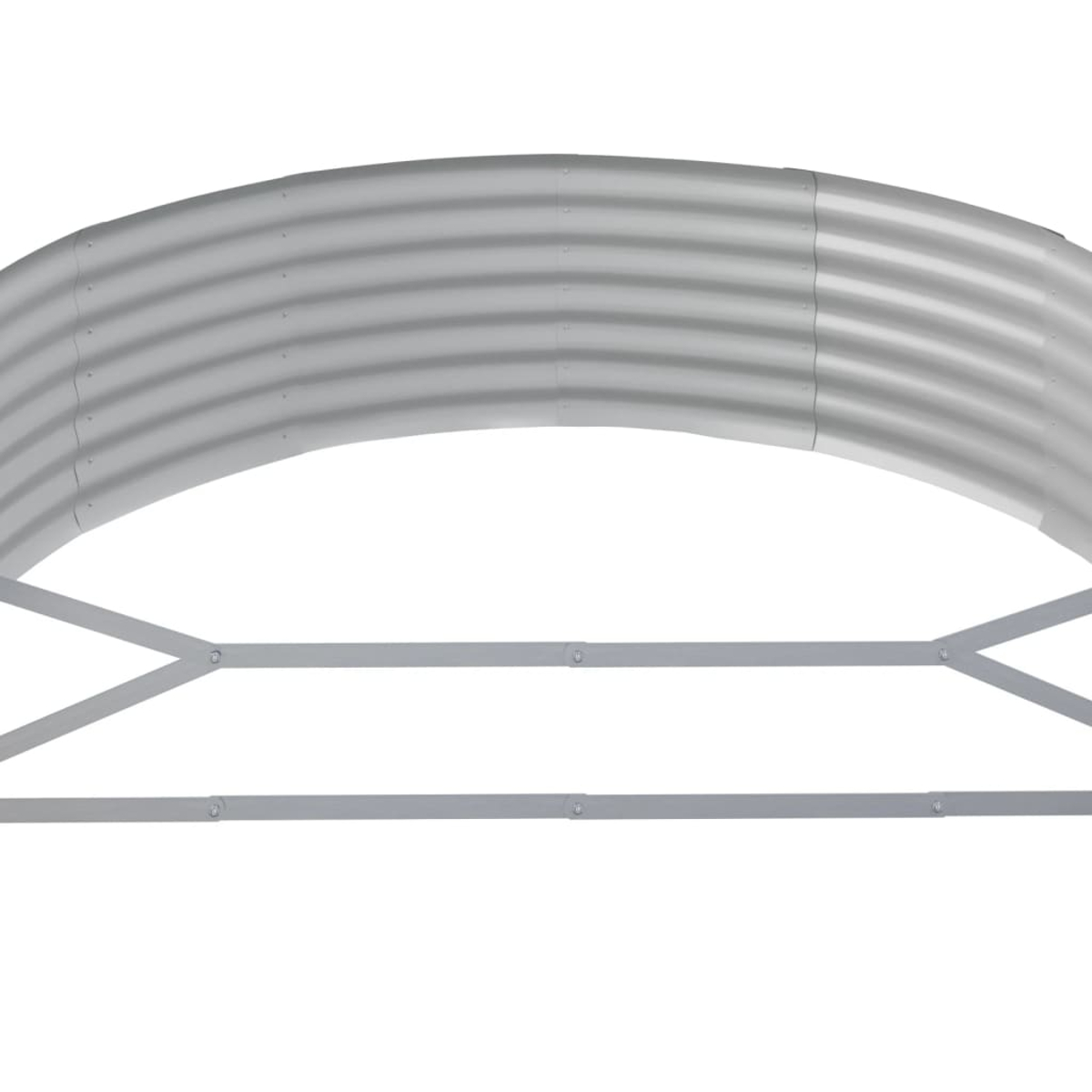 Ein grauer, gewölbter Metallrahmen mit horizontalen Rippen und Stützstreben.