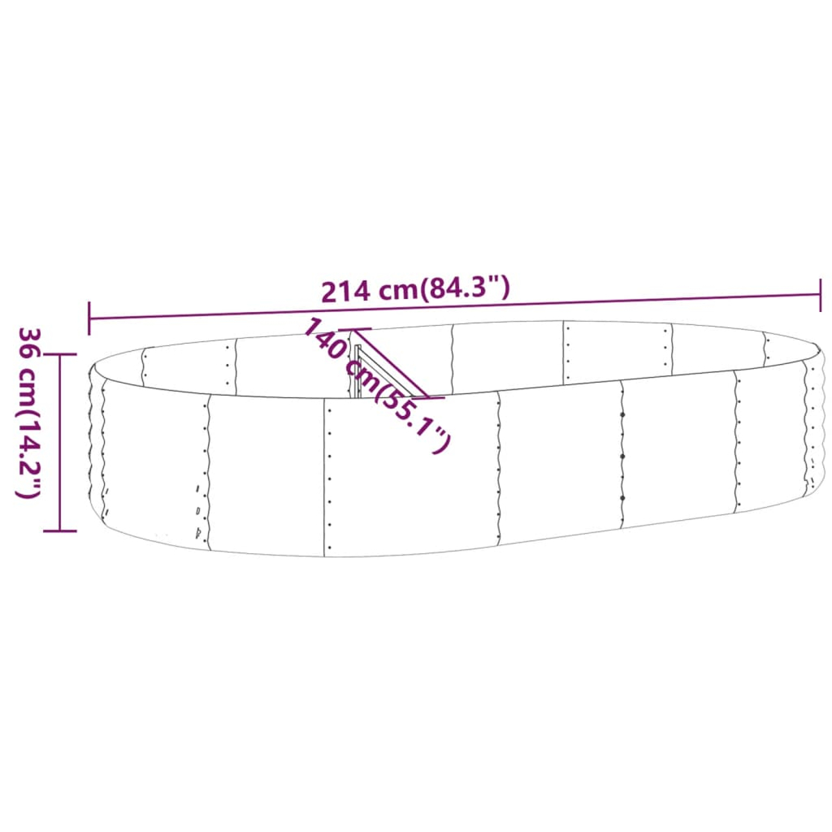 Ein rechteckiger Hochbeet-Rahmen mit Maßen von 214 cm Länge, 140 cm Breite und 36 cm Höhe.