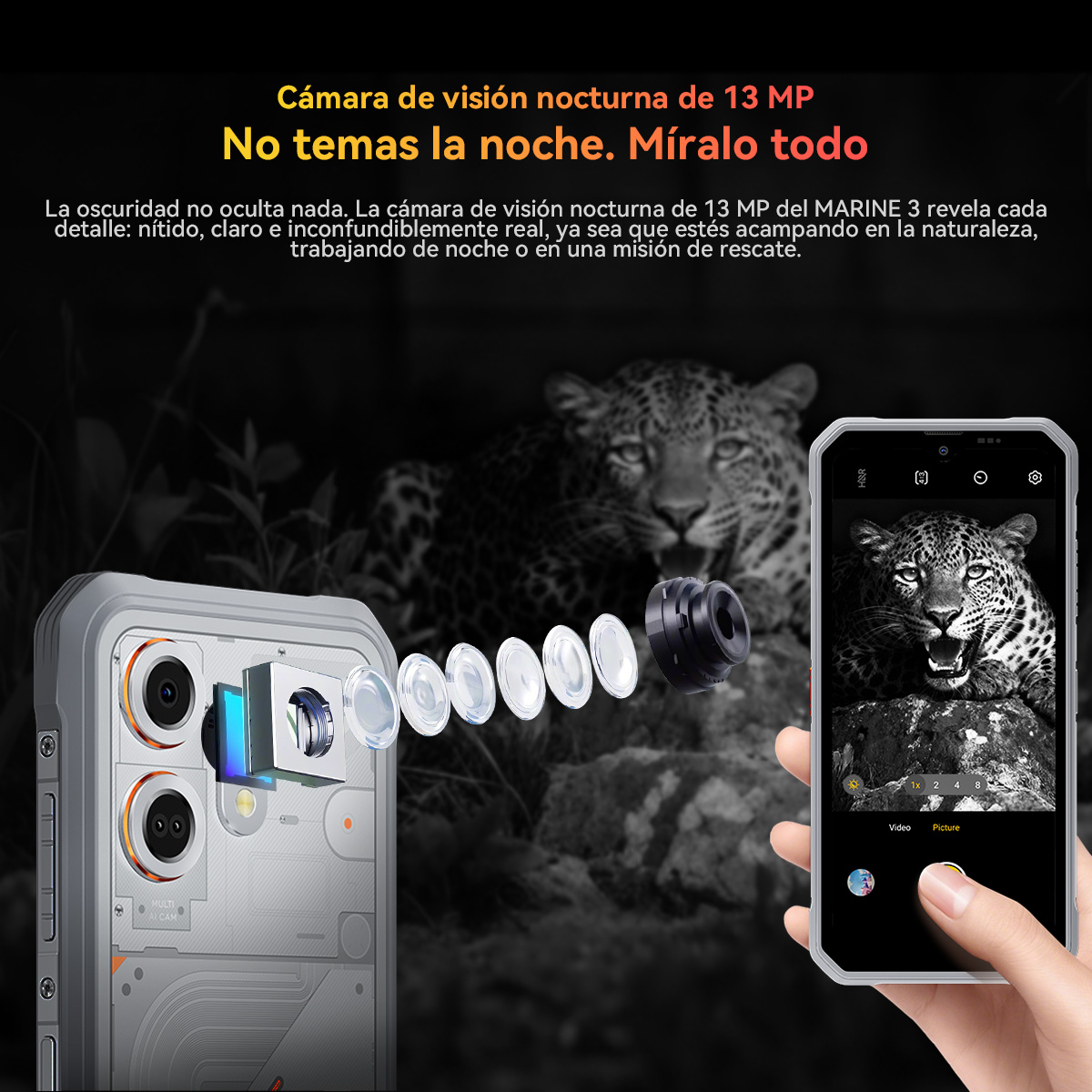 Un smartphone con cámara de visión nocturna y lente desmontada ante un leopardo.