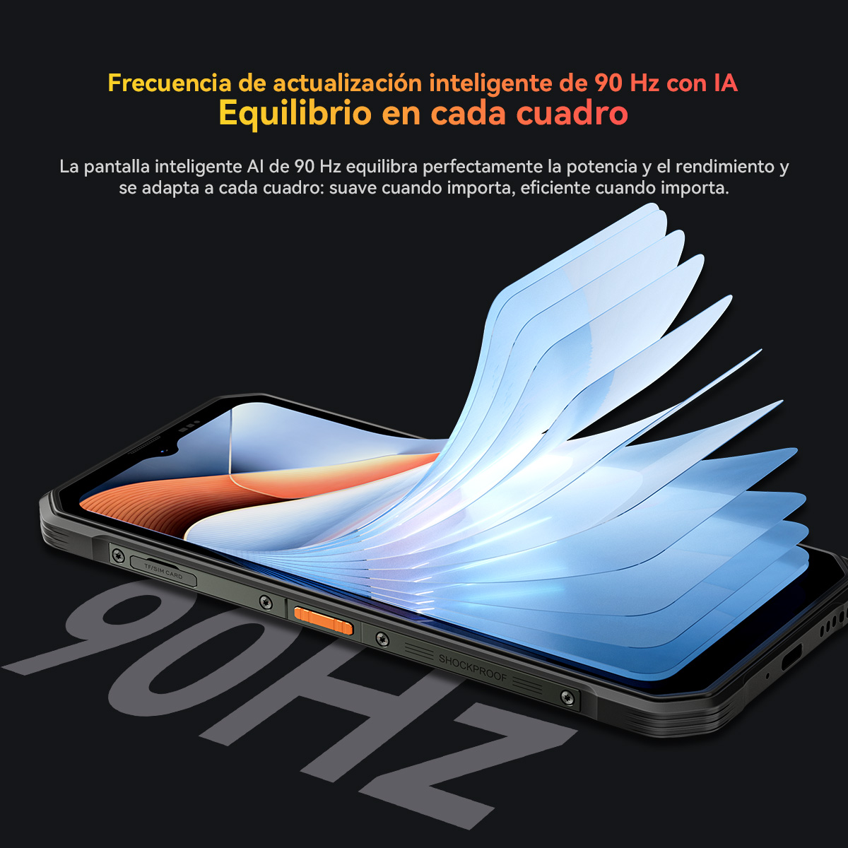 Smartphone con pantalla dinámica que muestra ondas abstractas. Texto menciona 90Hz IA.