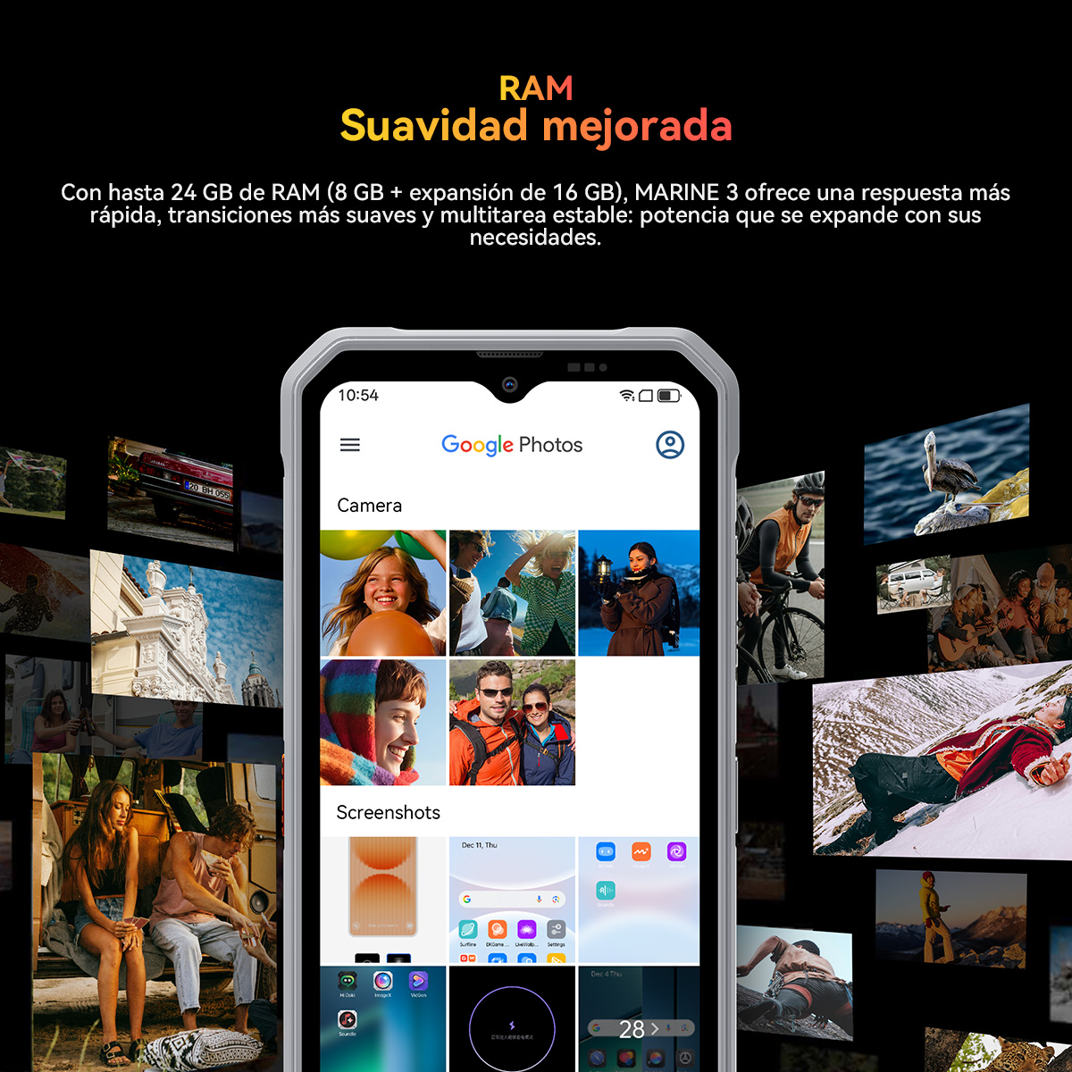 Una pantalla de smartphone que muestra Google Fotos, RAM y suavidad mejorada.