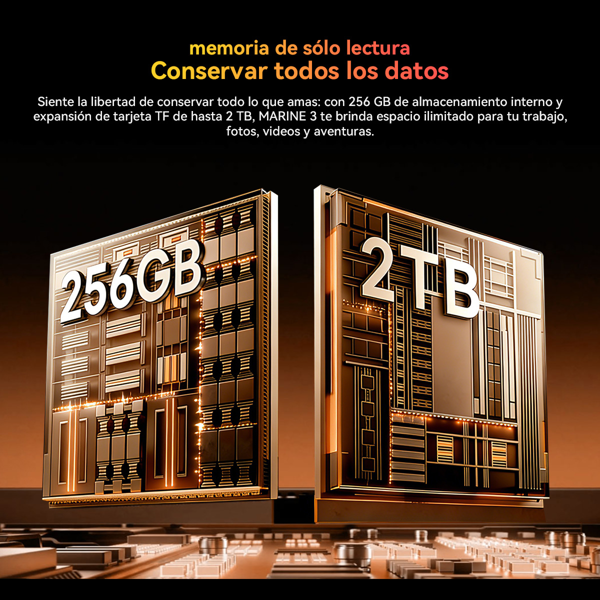 Dos módulos de almacenamiento, 256 GB y 2 TB, sobre una placa de circuito.