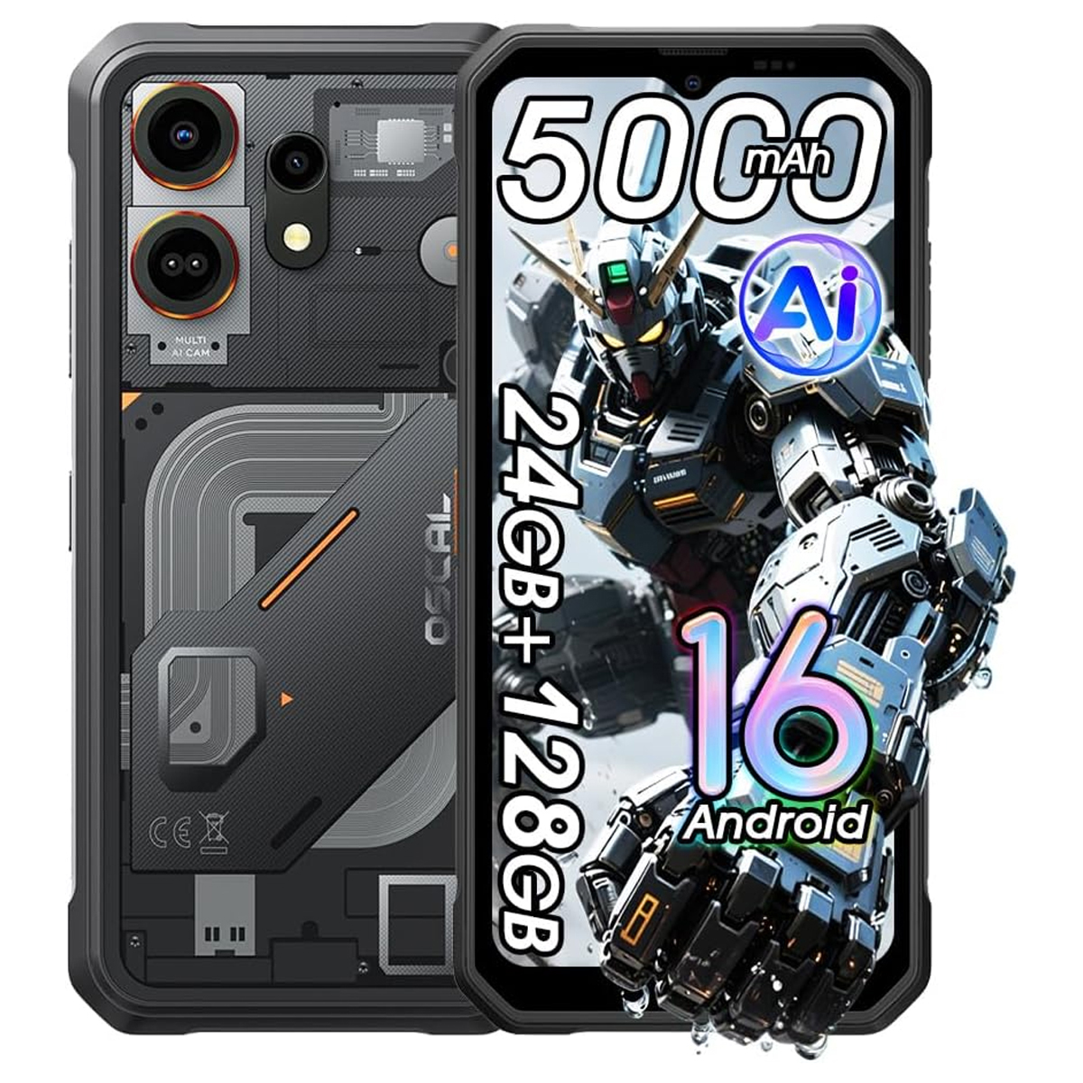 Zwarte smartphone met robotontwerp op scherm en specificaties.