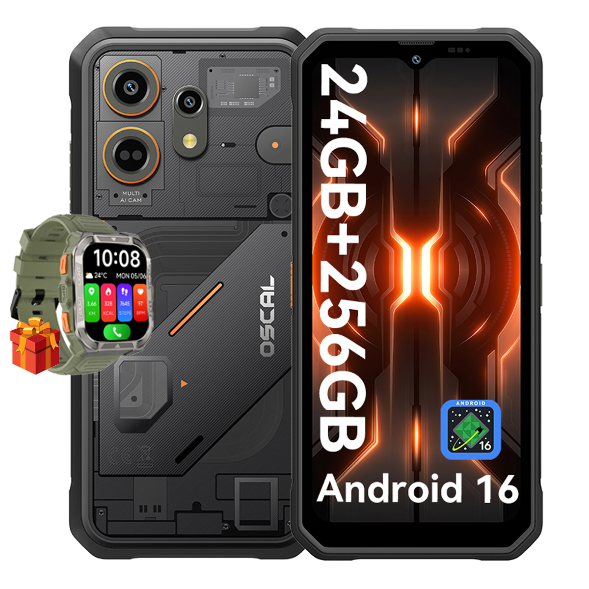 Robuuste smartphone met smartwatch en cadeauverpakking. 24GB+256GB.