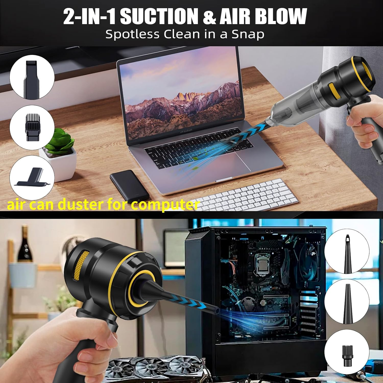 Un aspirapolvere portatile pulisce un laptop e un PC con vari accessori.