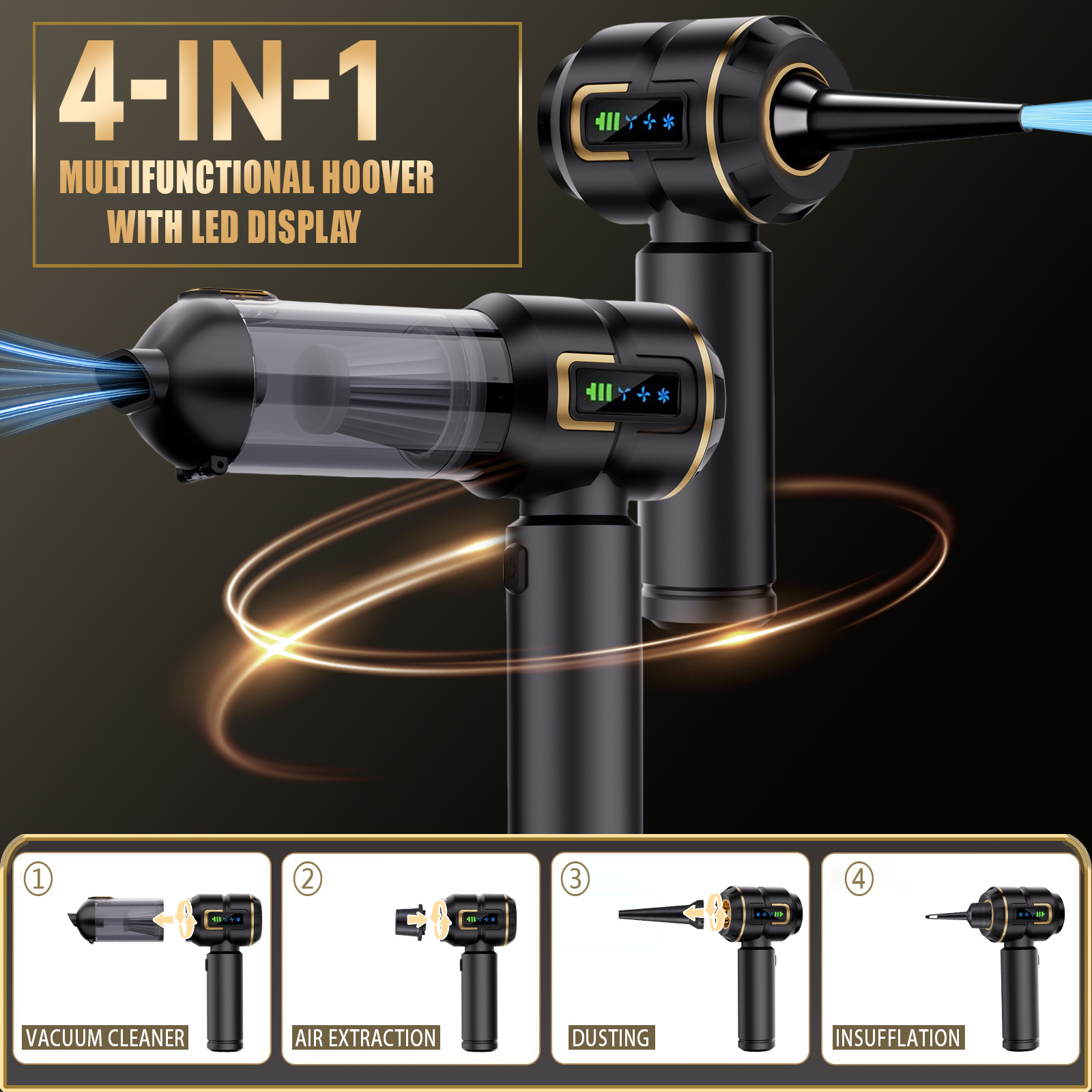 Un aspirapolvere multifunzione 4-in-1 nero e oro con display LED.