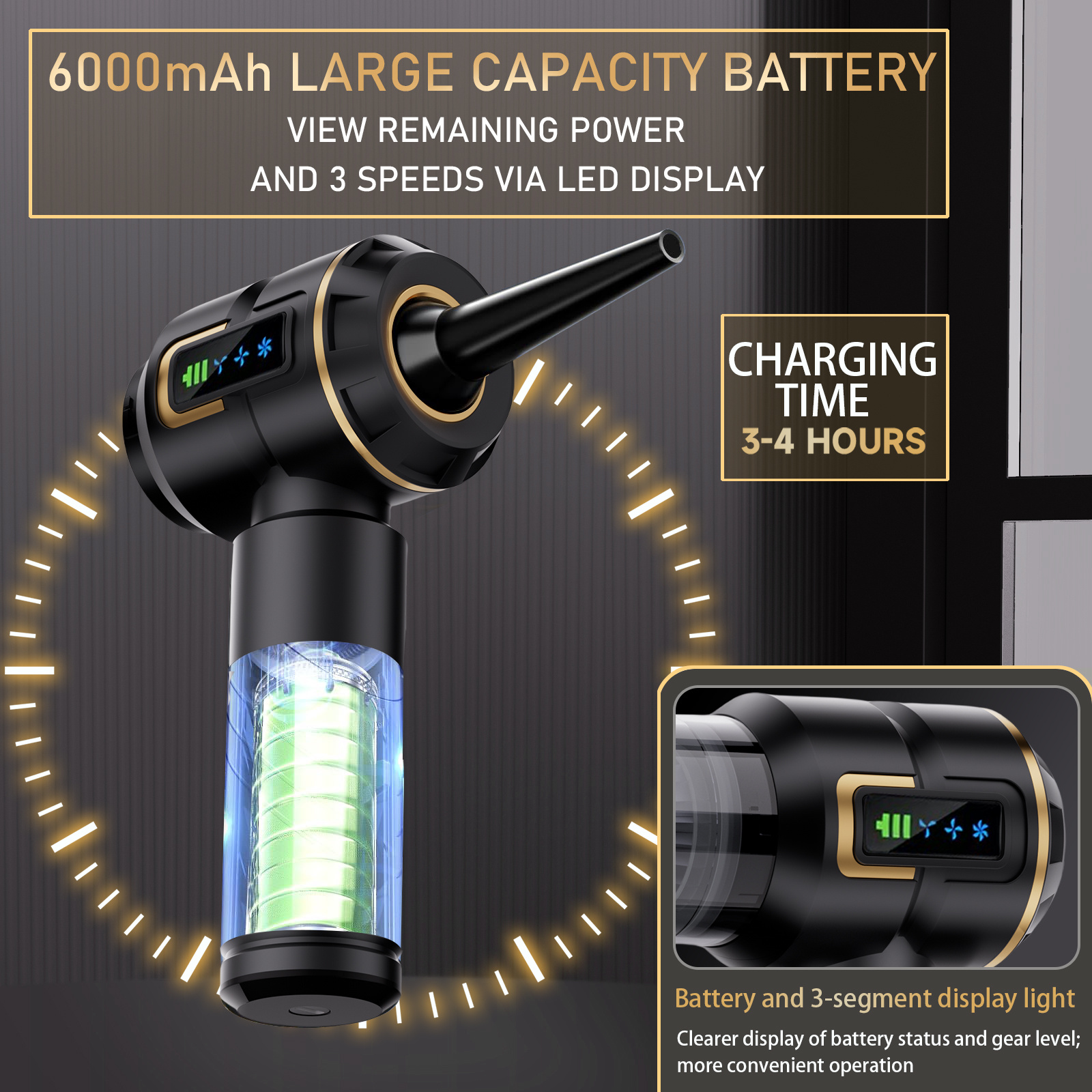 Dispositivo nero con batteria illuminata e display LED. Tempo di ricarica 3-4 ore.