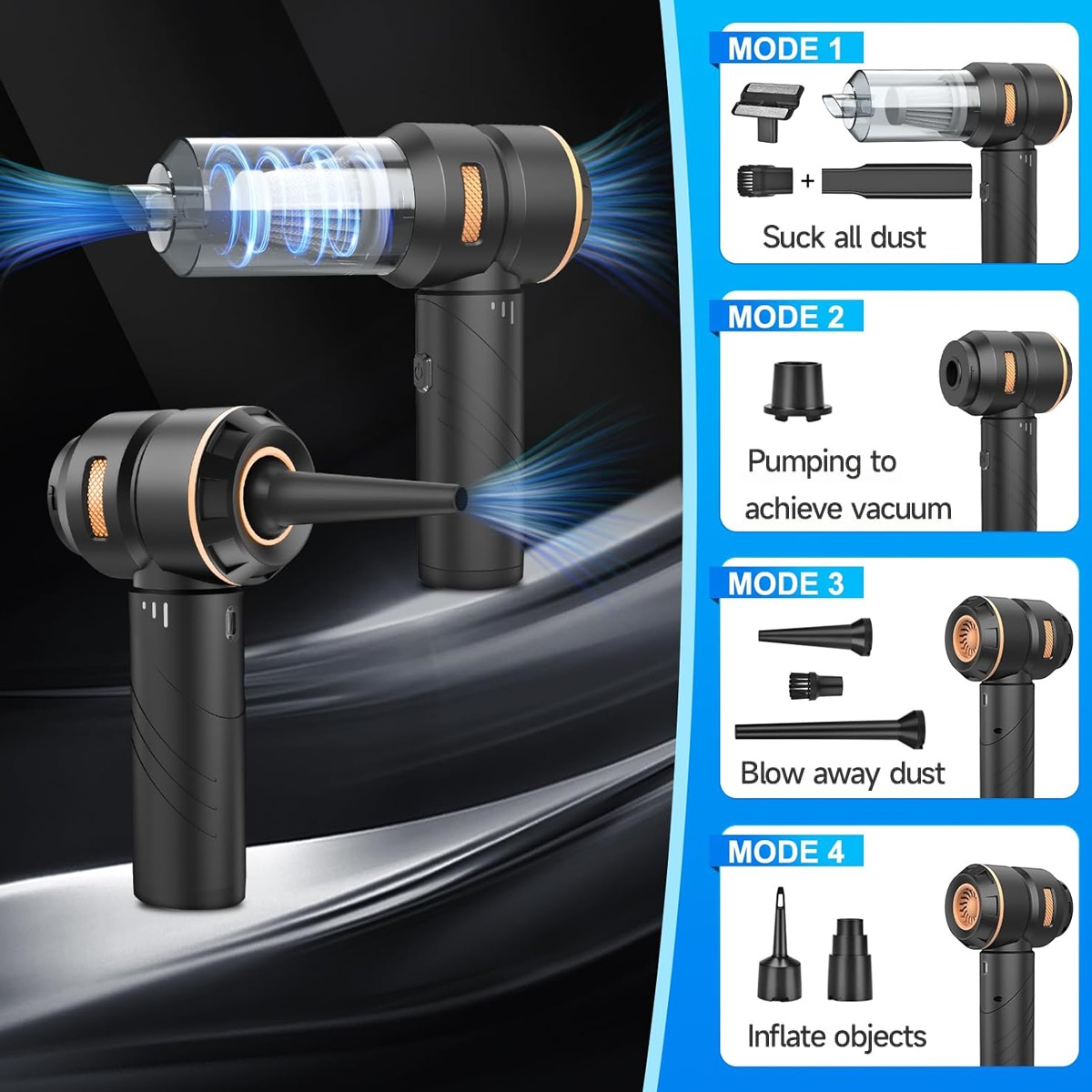 Aspirapolvere portatile nero con accessori mostrati in 4 modalità: aspirare, pompare, soffiare, gonfiare.