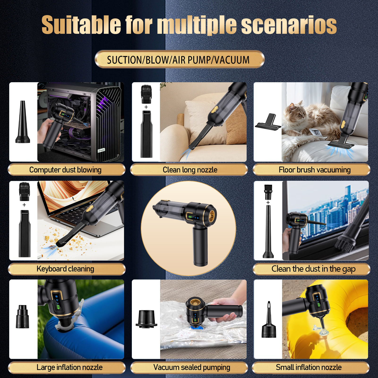 Un dispositivo multi-scenario per pulire computer, tastiere, pavimenti, fessure, gonfiare e aspirare.