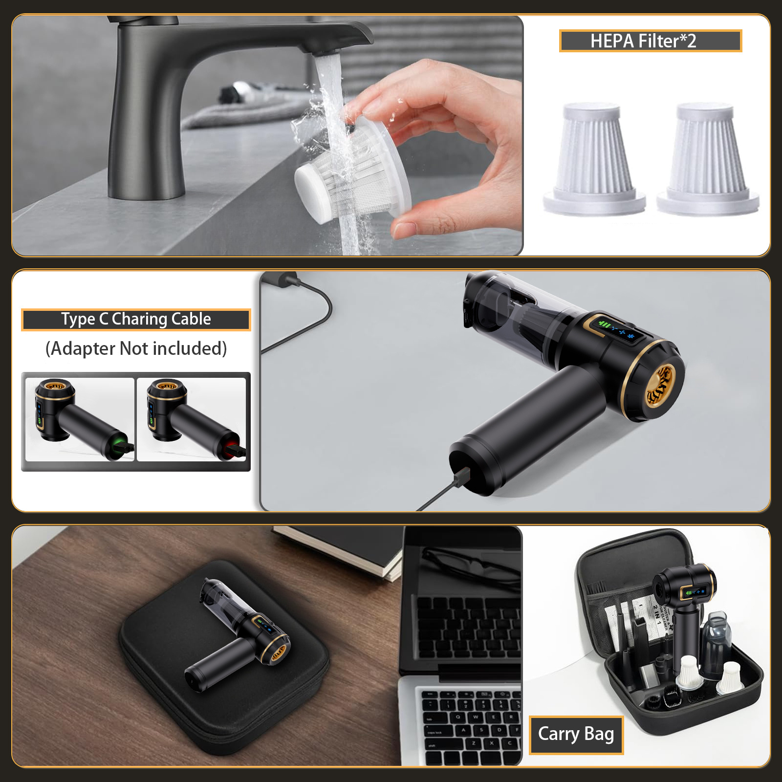 Il collage mostra un aspirapolvere nero portatile, filtri HEPA e accessori di ricarica.