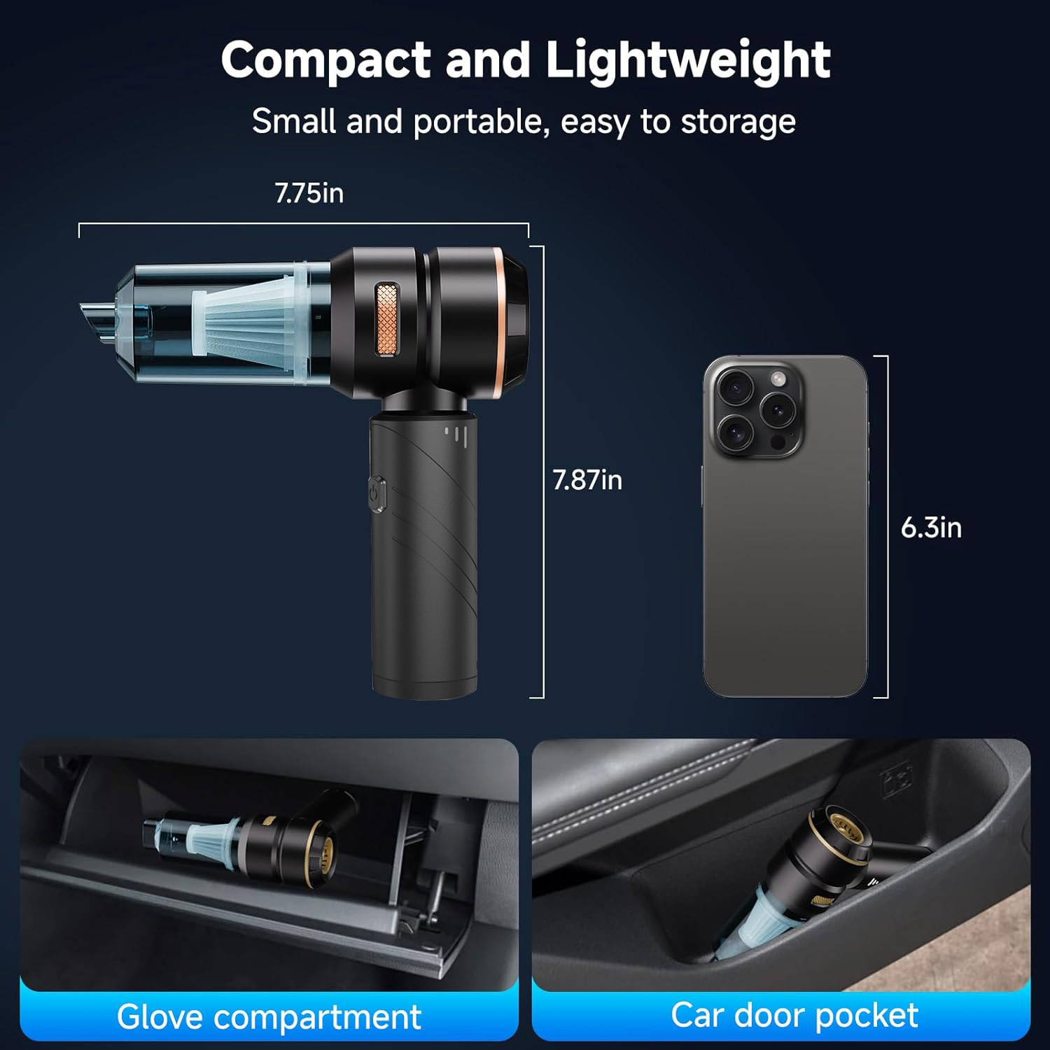 Aspirapolvere nero compatto accanto a uno smartphone, con dimensioni indicate.