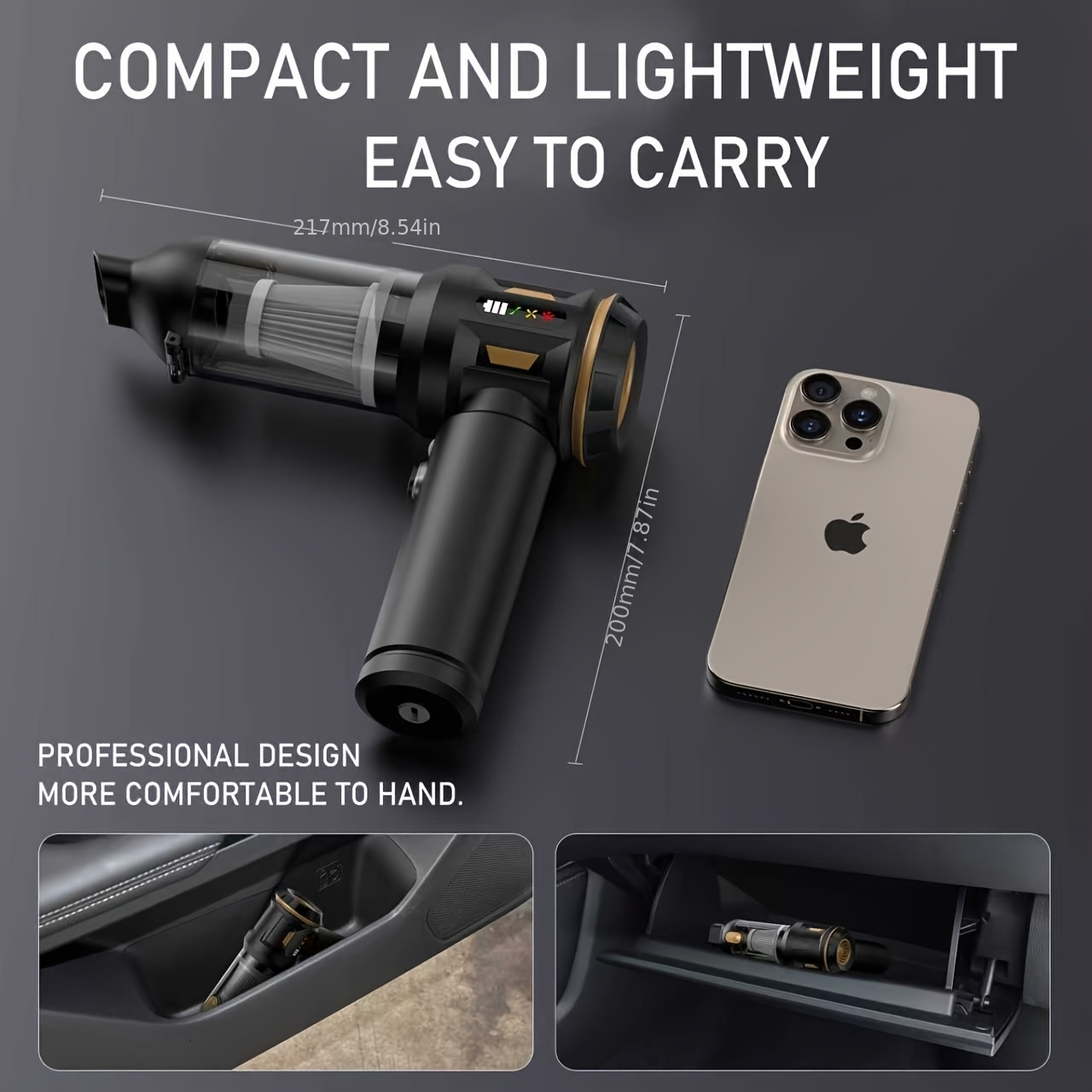 Aspirapolvere nero portatile accanto a uno smartphone, con dimensioni.