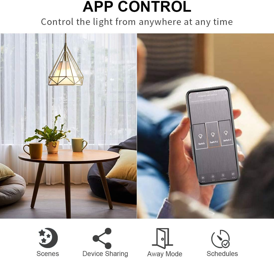 Un'app controlla gli interruttori della luce. Un tavolo con vasi è davanti a una finestra.