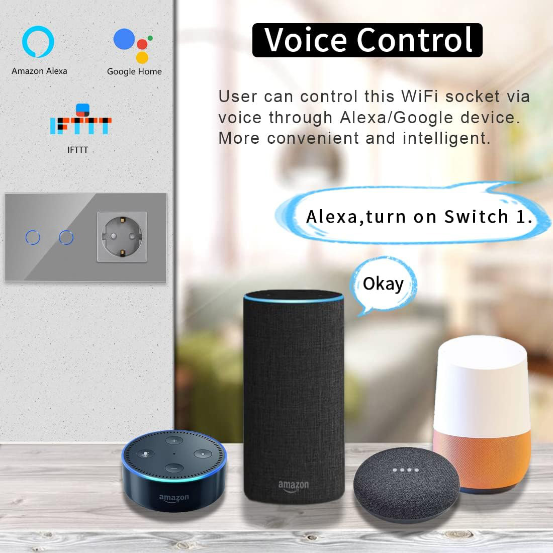 Controllo vocale: presa WiFi, Alexa, Google Home, IFTTT, smart home.