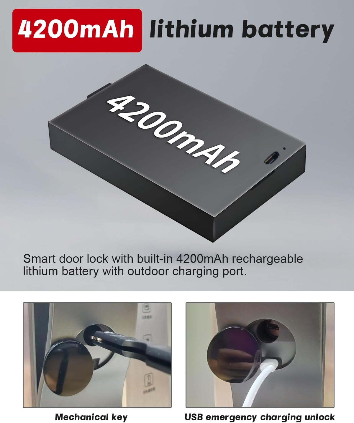 Serratura smart con batteria da 4200mAh, chiave meccanica e porta di ricarica USB.