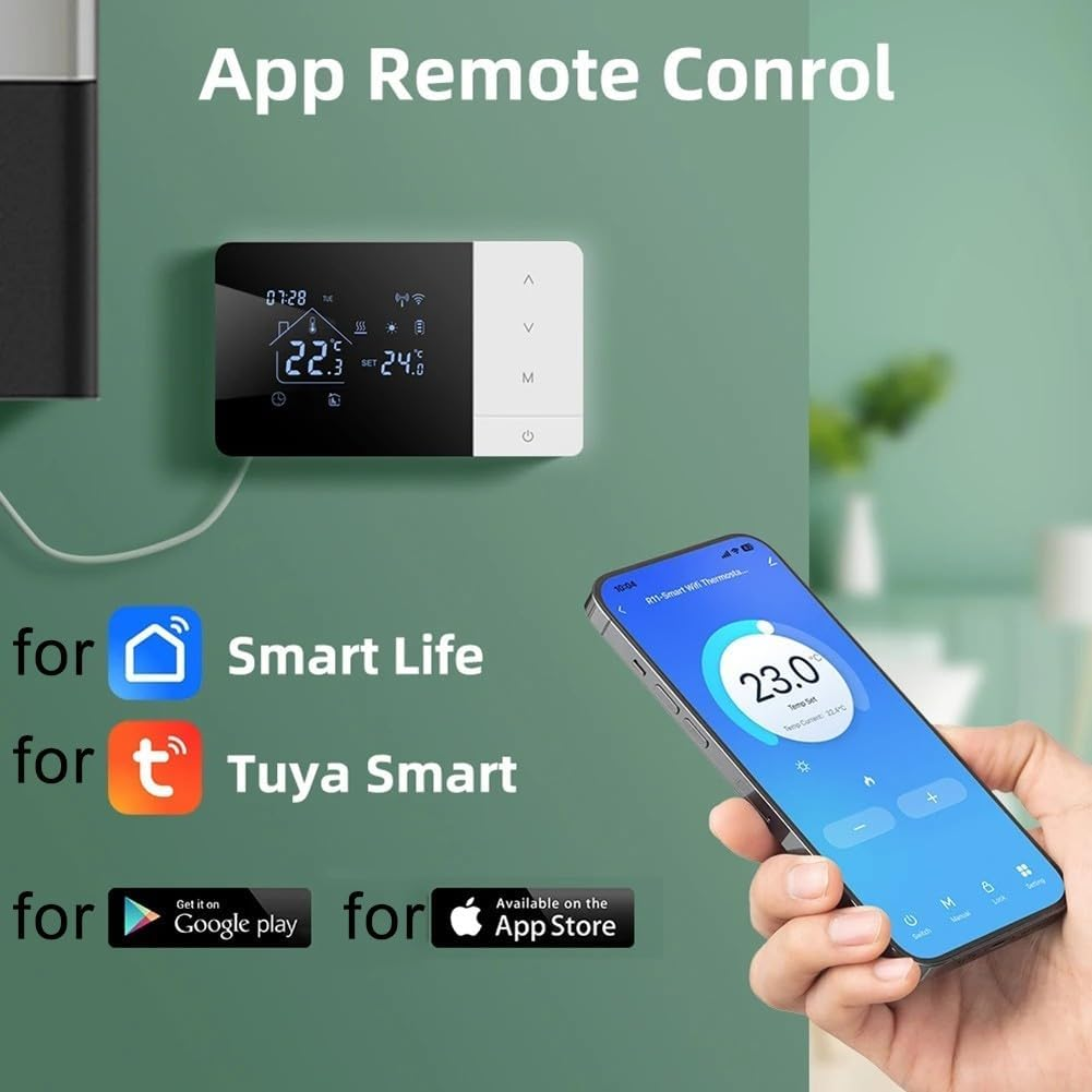 Grafica di controllo dell'app: termostato, app per telefono e loghi degli store.