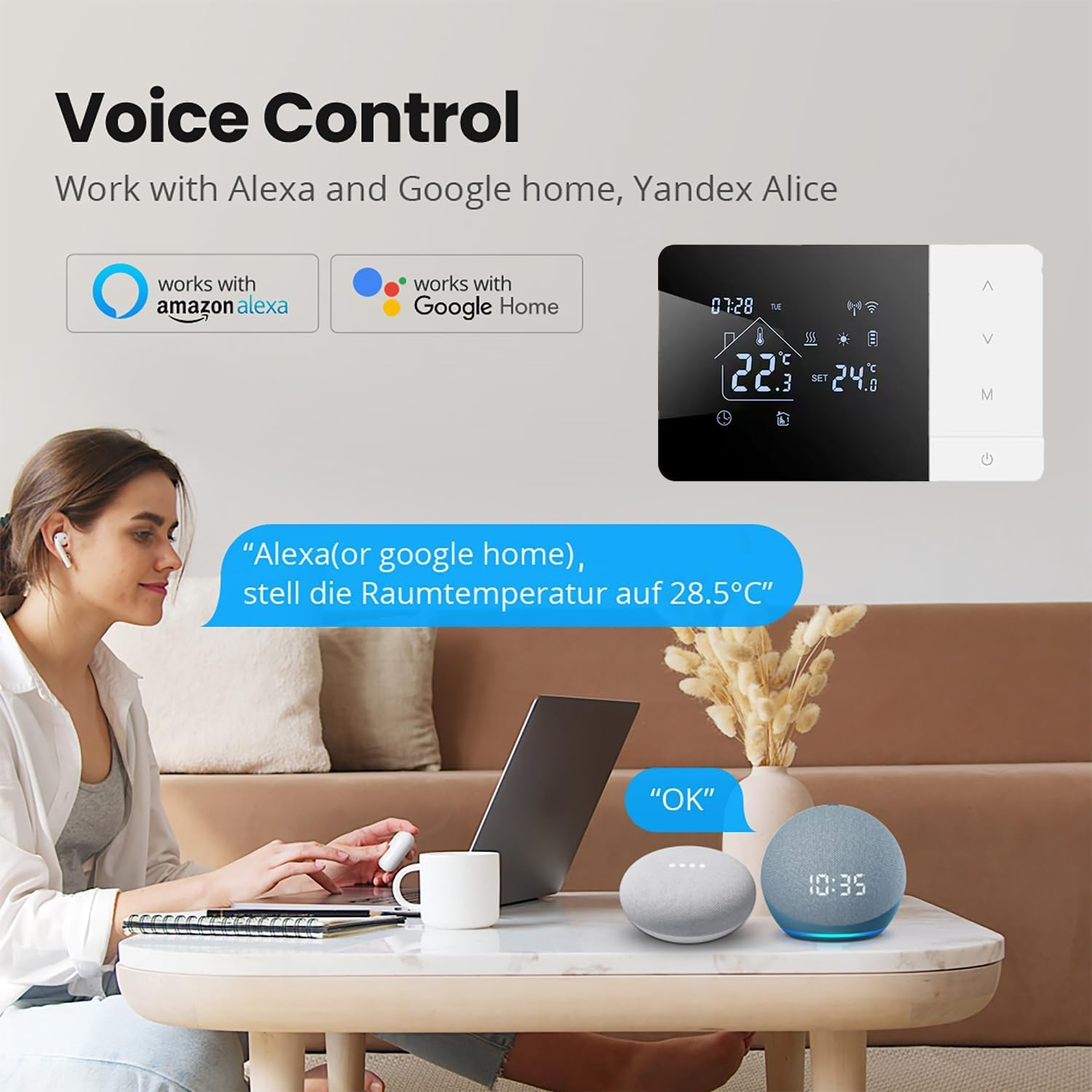 Donna al laptop, termostato, dispositivi Alexa e Google Home.