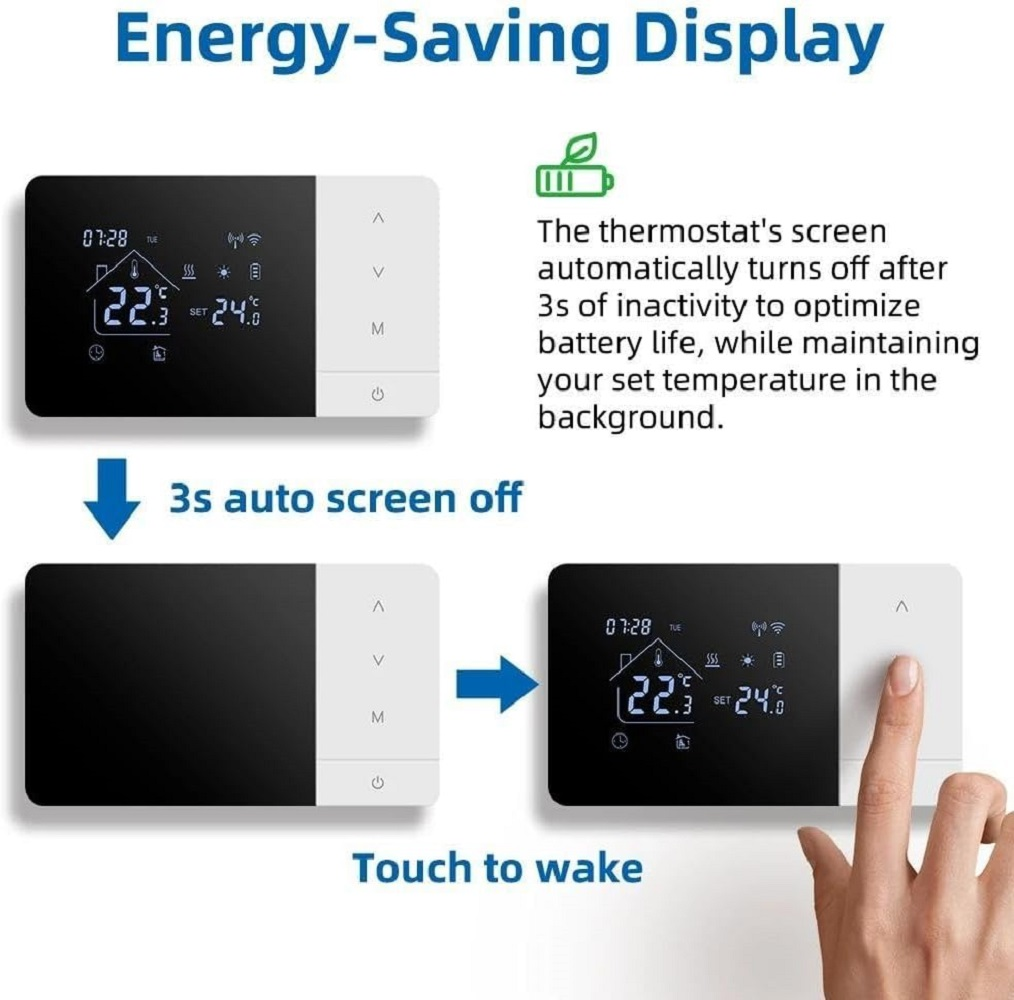 Display termostato 22,3°C, si spegne dopo 3s, si riattiva al tocco.