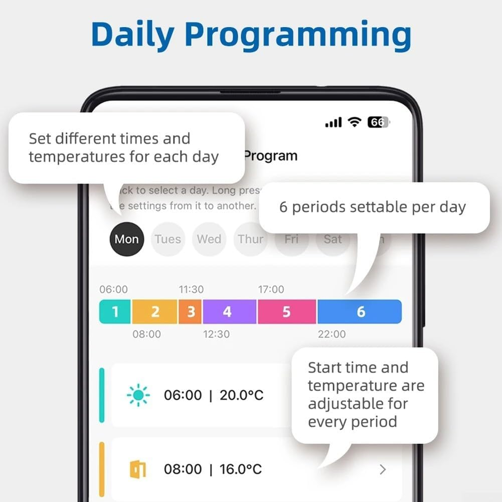 Schermata dell'app per la programmazione giornaliera con fasce orarie.