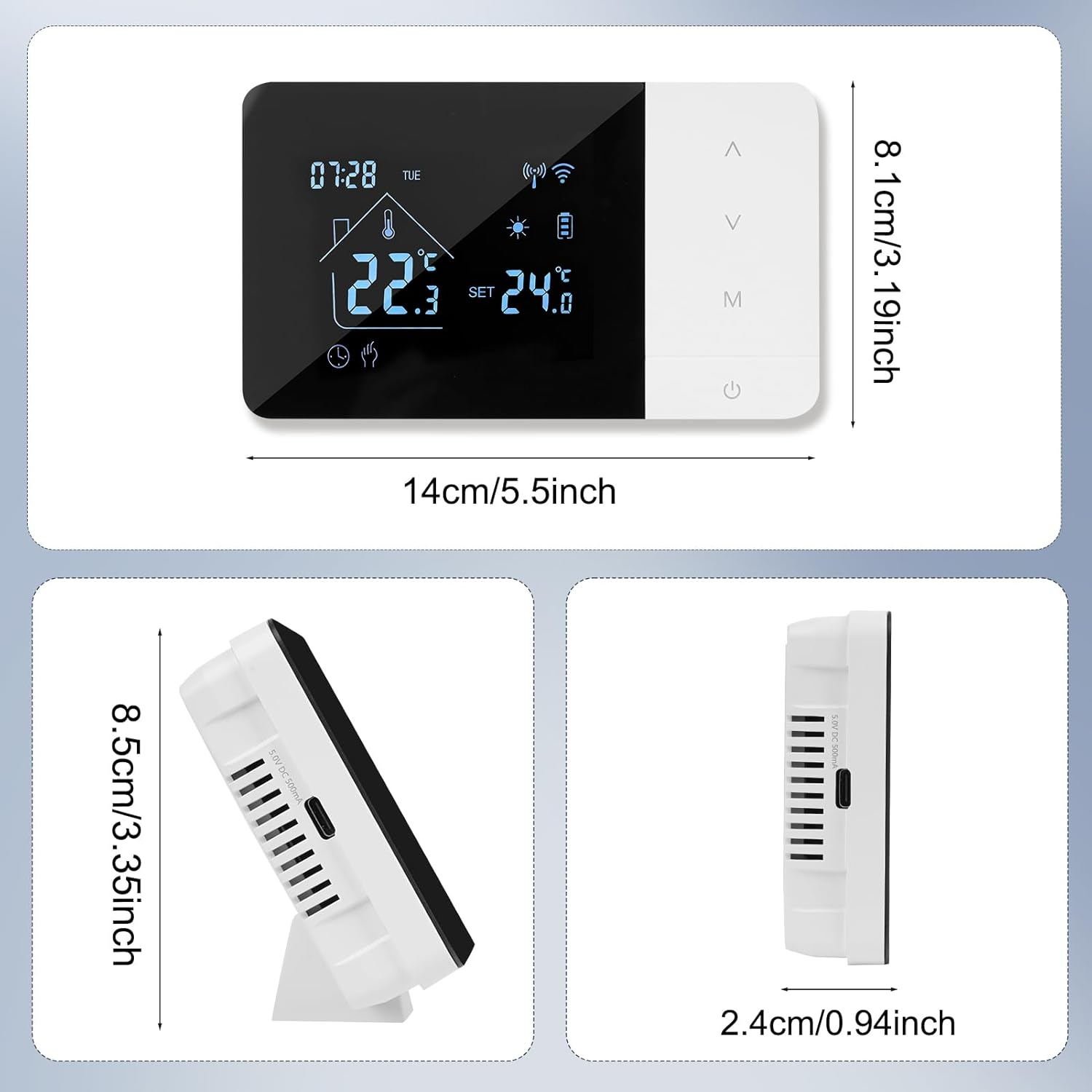 Un termostato con display digitale che mostra ora, temperatura e impostazioni. Dimensioni mostrate.
