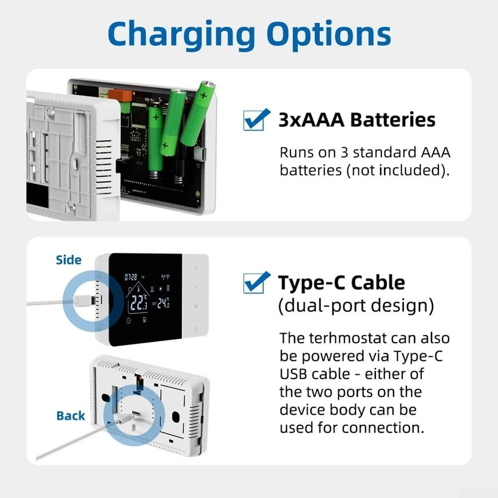 Opzioni di ricarica termostato: 3 batterie AAA o cavo USB Type-C.