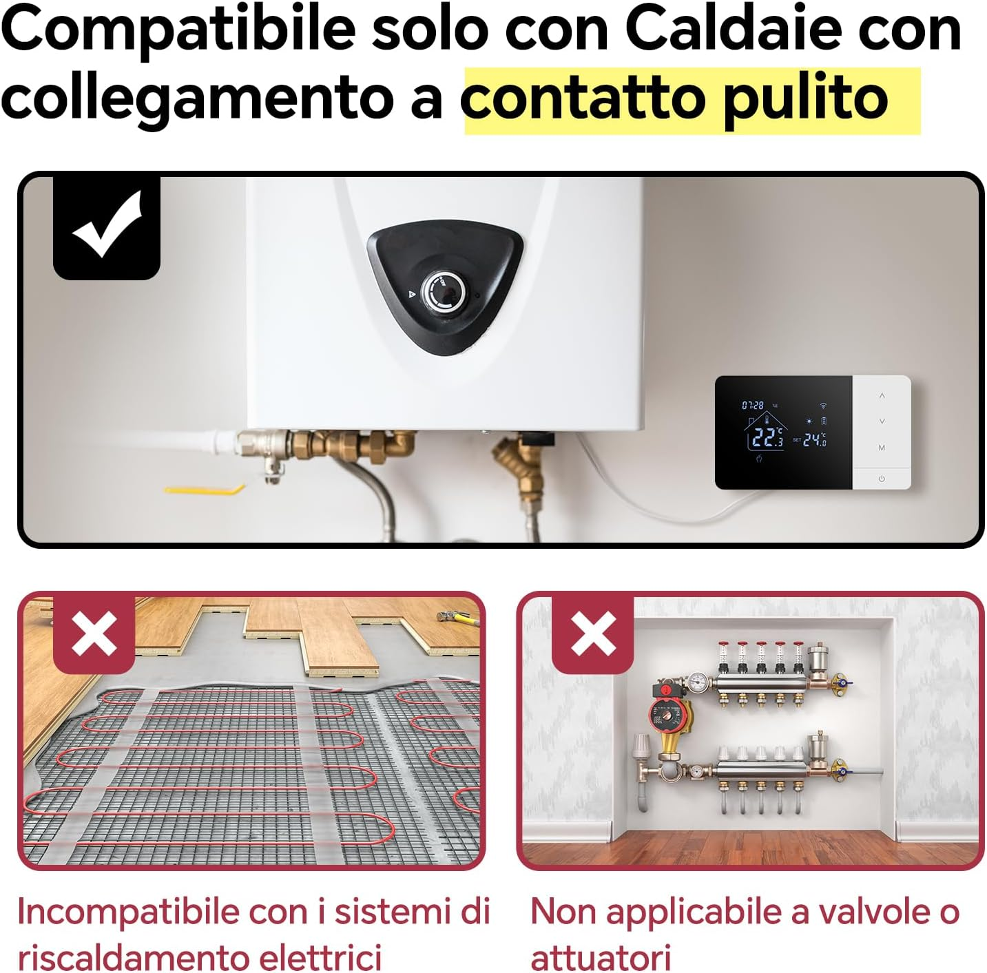 Caldaia con termostato digitale, riscaldamento a pavimento e collettori.