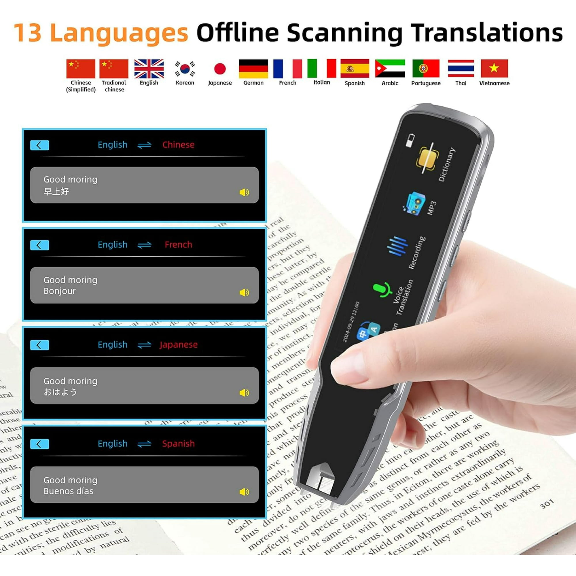 Ein silberner Scanner mit Touchscreen zeigt Übersetzungen an.