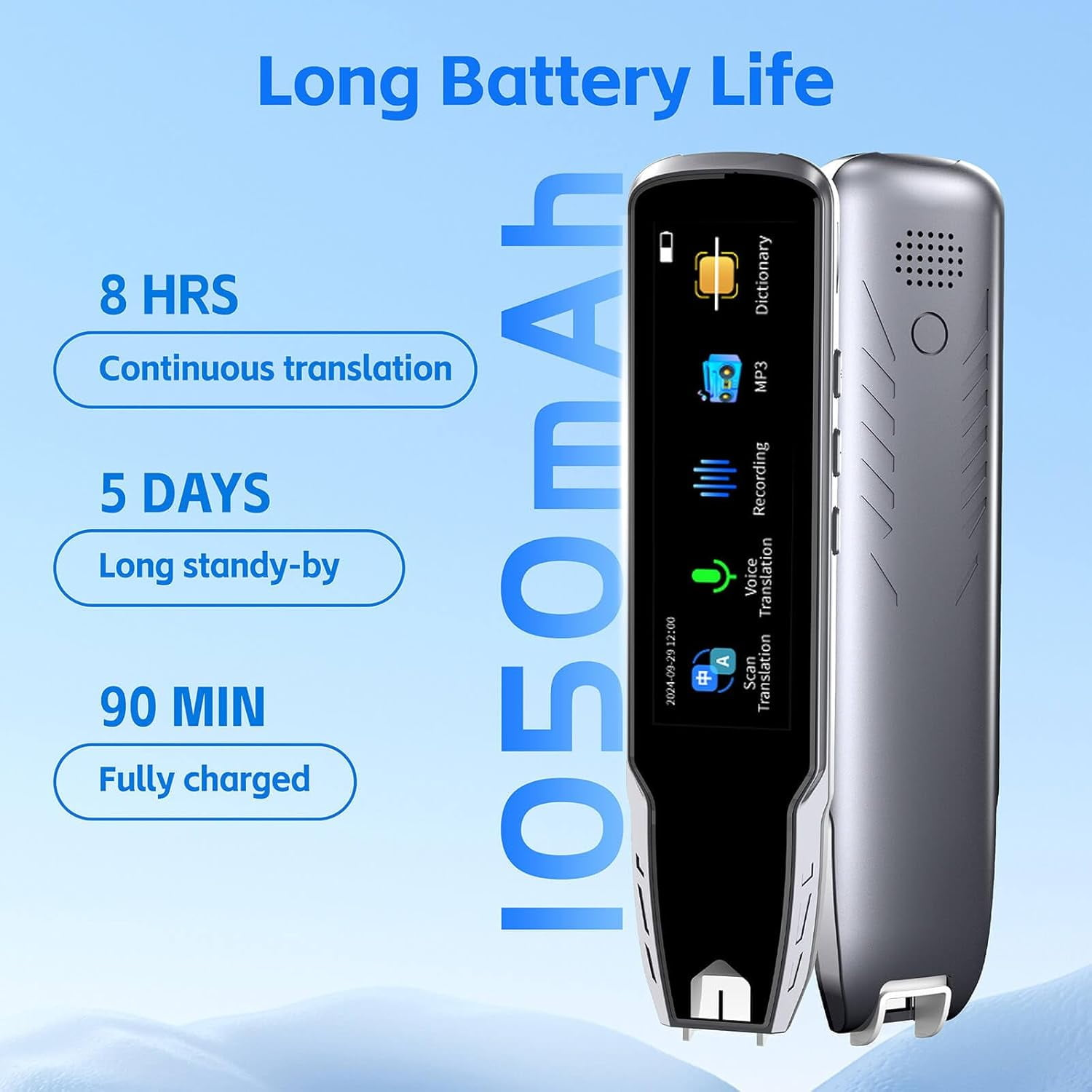 Ein silberner Übersetzer mit 1050mAh Akku, 8 Std. Übersetzung, 5 Tage Standby.