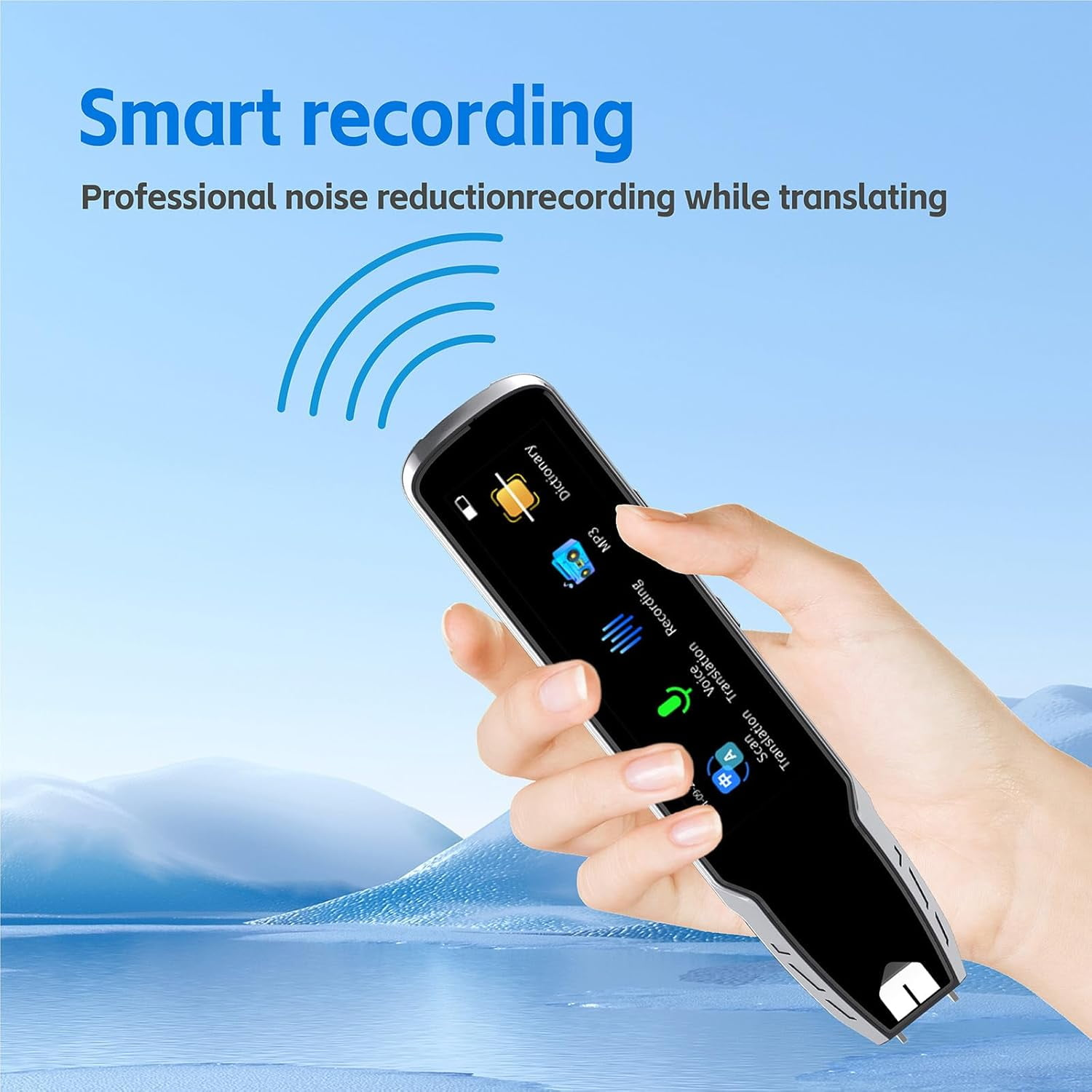 Hand hält einen digitalen Rekorder mit Icons für Wörterbuch, MP3, Aufnahme und Übersetzung.