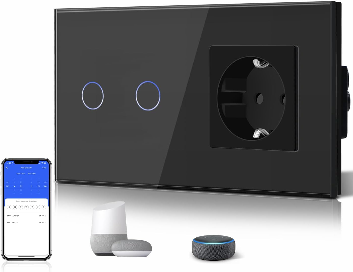 Placca nera con due pulsanti touch e una presa di corrente. Altoparlanti intelligenti vicini.