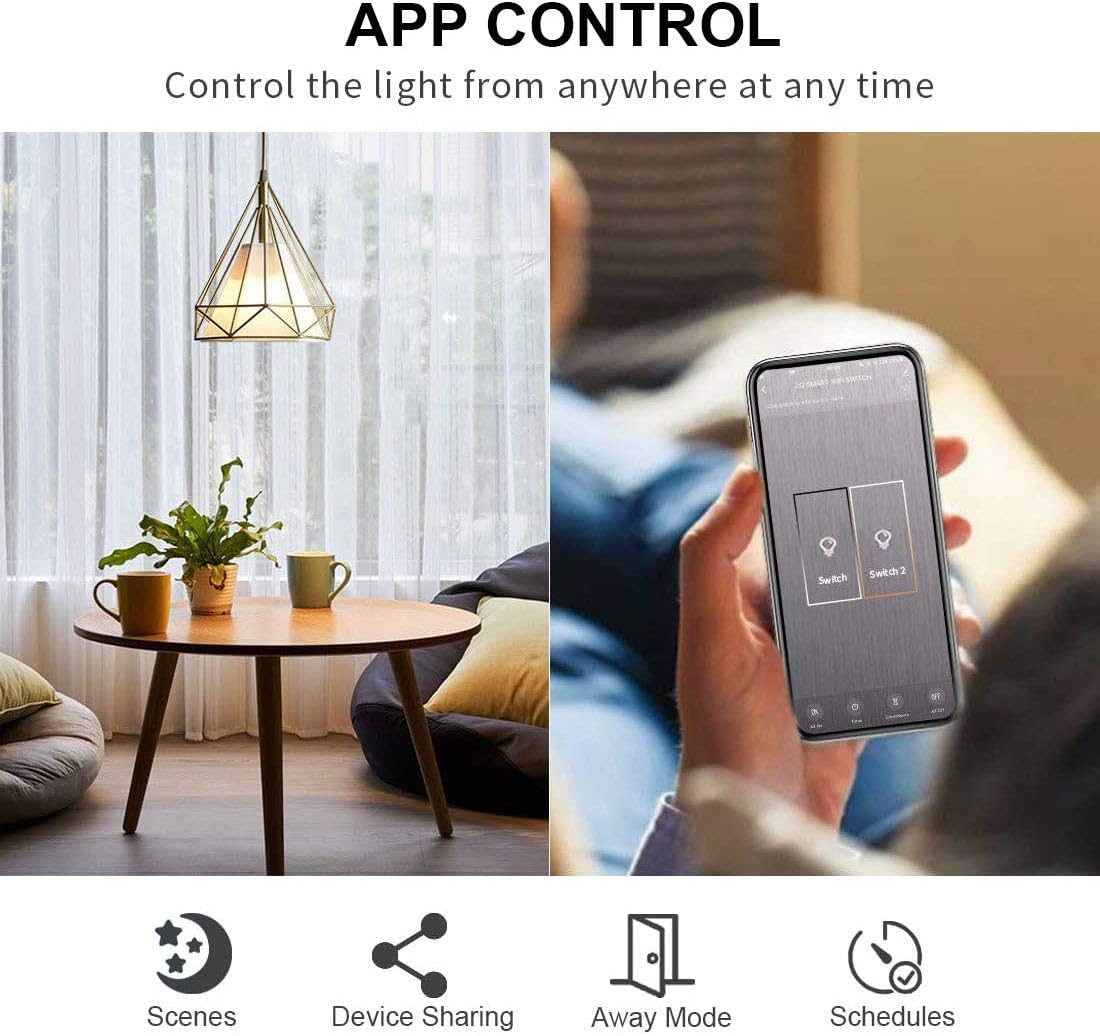 Controllo app: Un telefono mostra interruttori luce, accanto a soggiorno.