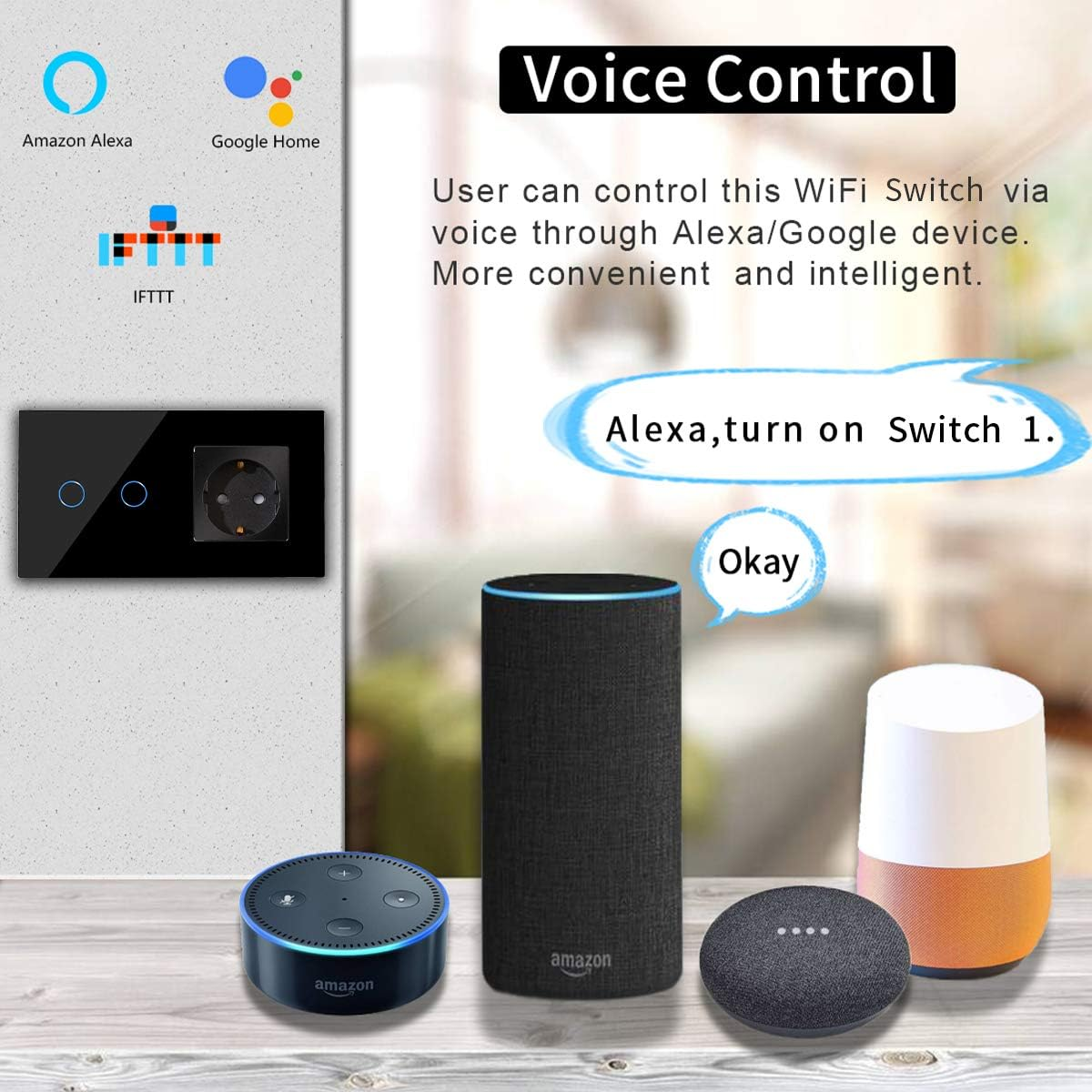 Controllo vocale: Una presa a muro, Alexa e dispositivi Google Home.