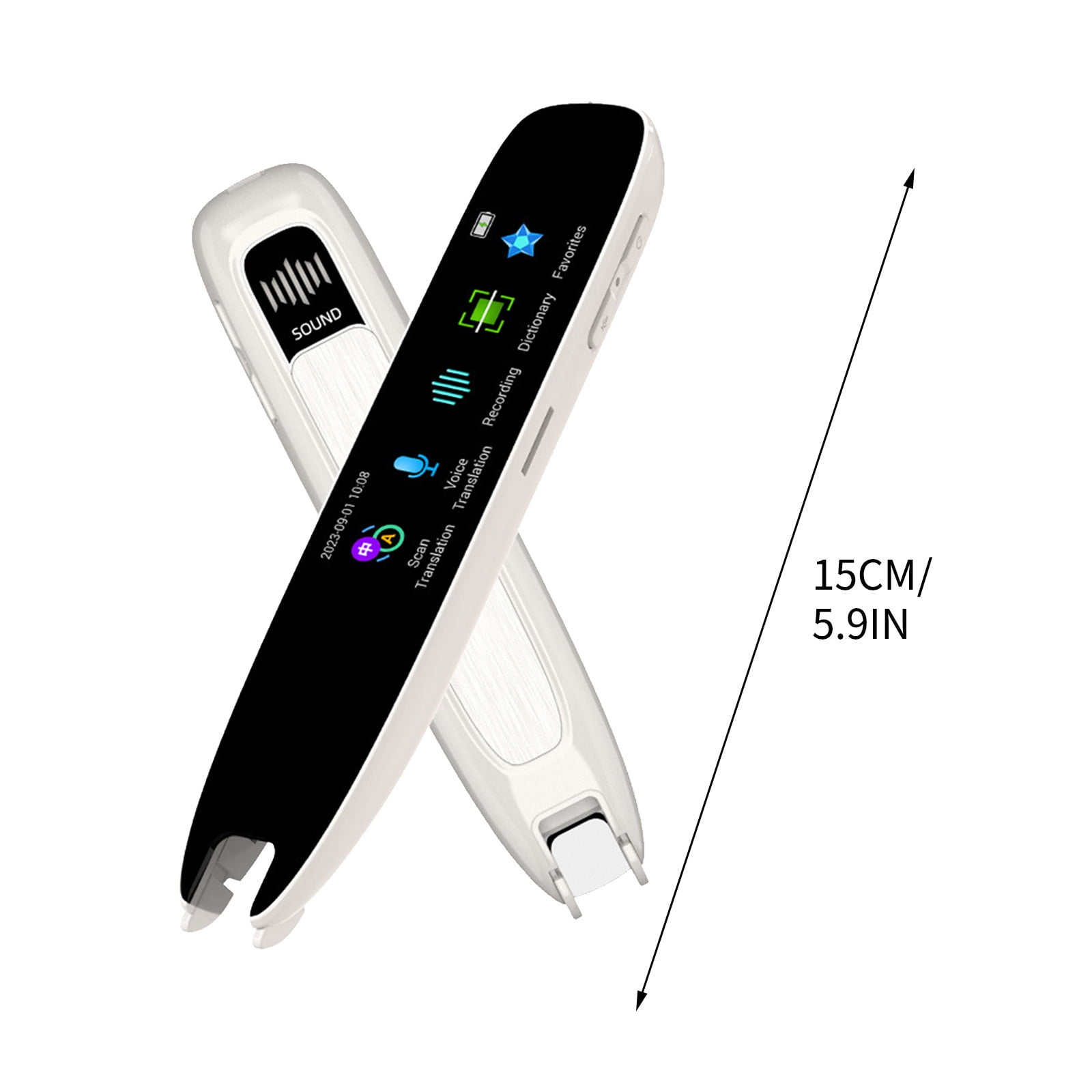 Ein weißer Scanstift mit schwarzem Bildschirm und Menüoptionen.
