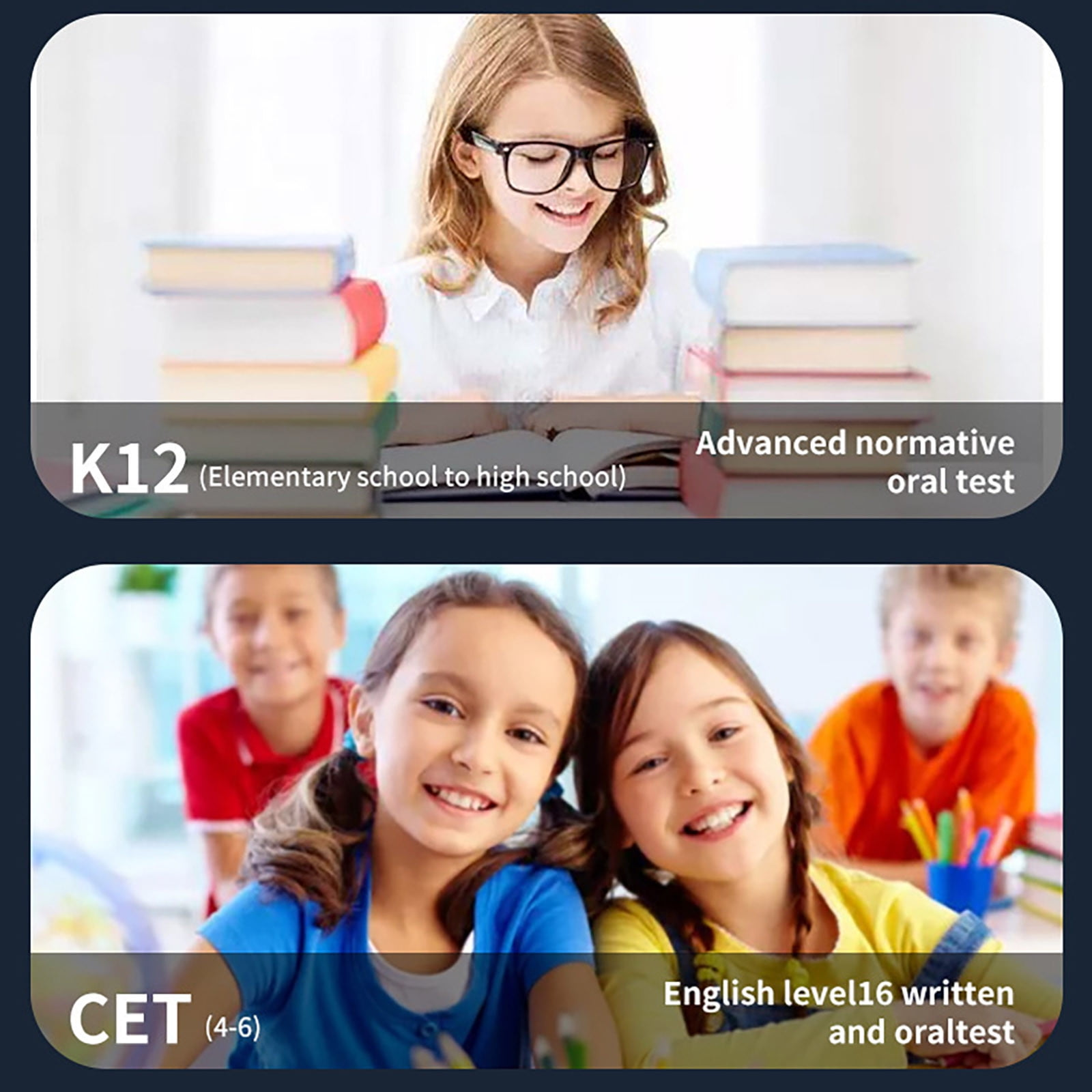 Ein Mädchen mit Brille liest, Bücher sind gestapelt. Unten lächeln Kinder.