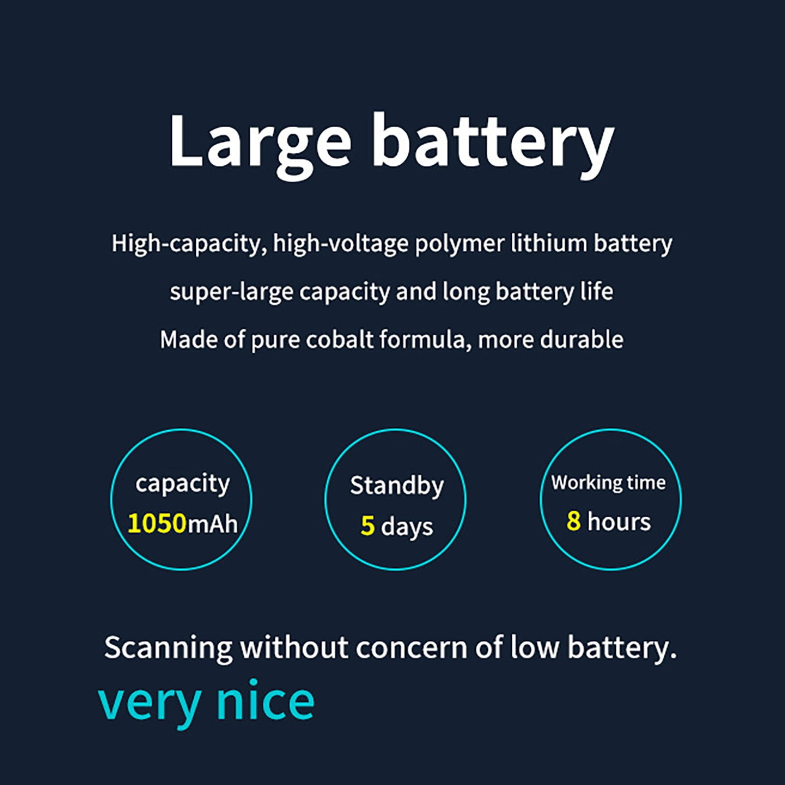 Großer Akku: 1050mAh Kapazität, 5 Tage Standby, 8 Stunden Arbeitszeit.