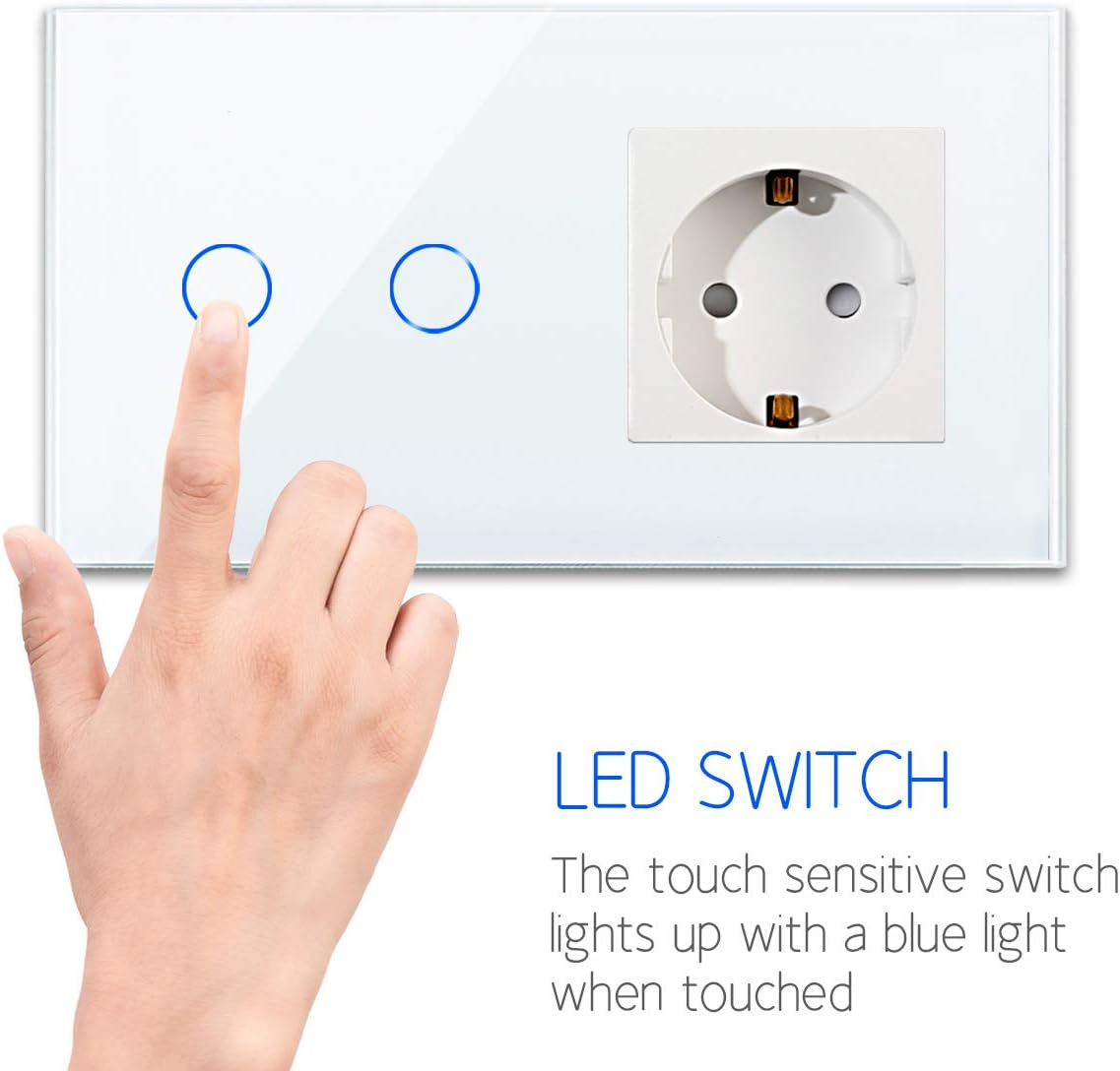 Una mano tocca un interruttore bianco con due cerchi LED blu.