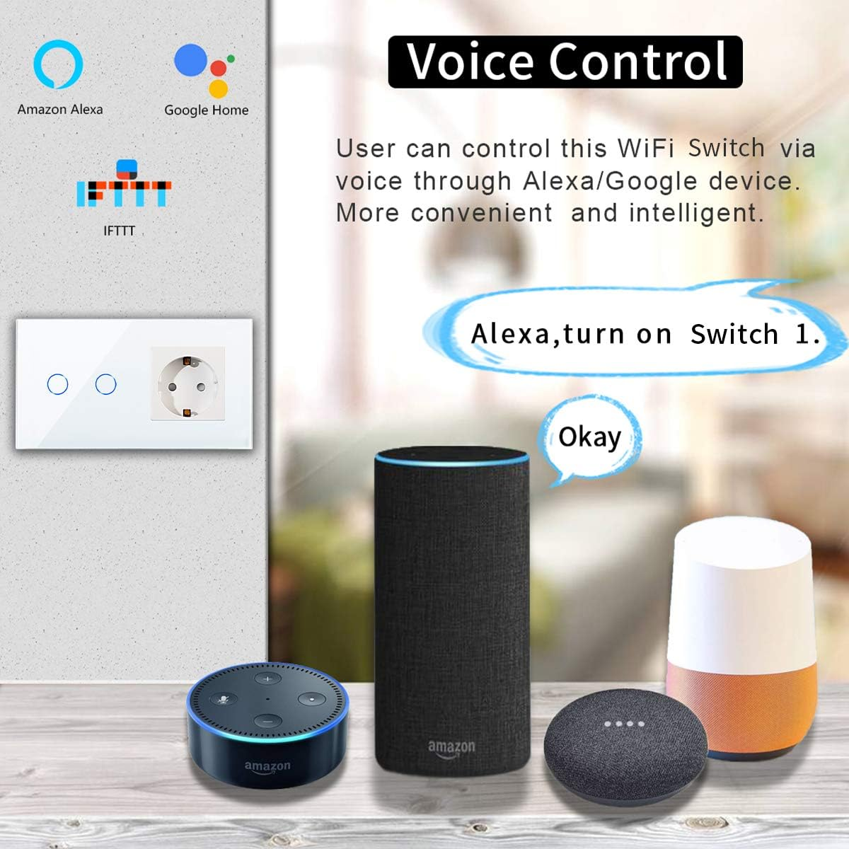 Interruttore a muro con presa, Amazon Echo, Google Home e mini speaker.
