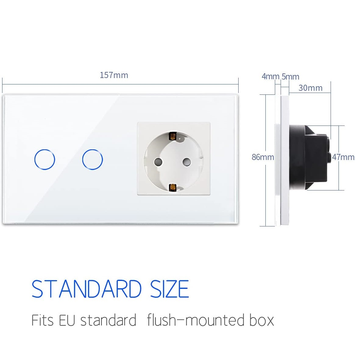 Prese elettriche bianche con due interruttori e dimensioni.