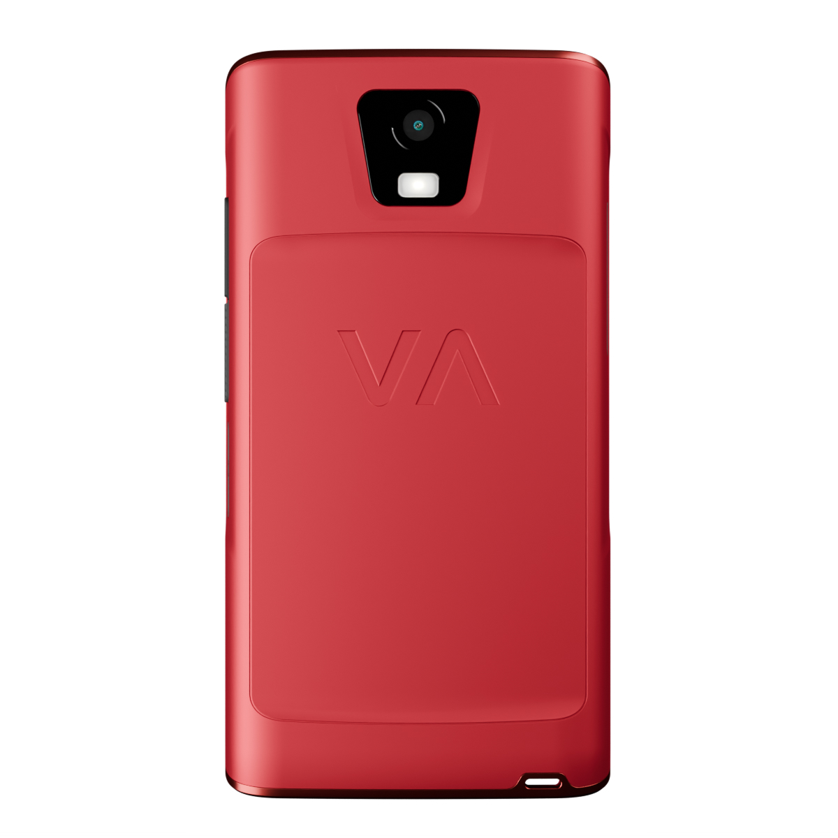 Rotes Smartphone mit Kamera und VA-Logo auf der Rückseite.
