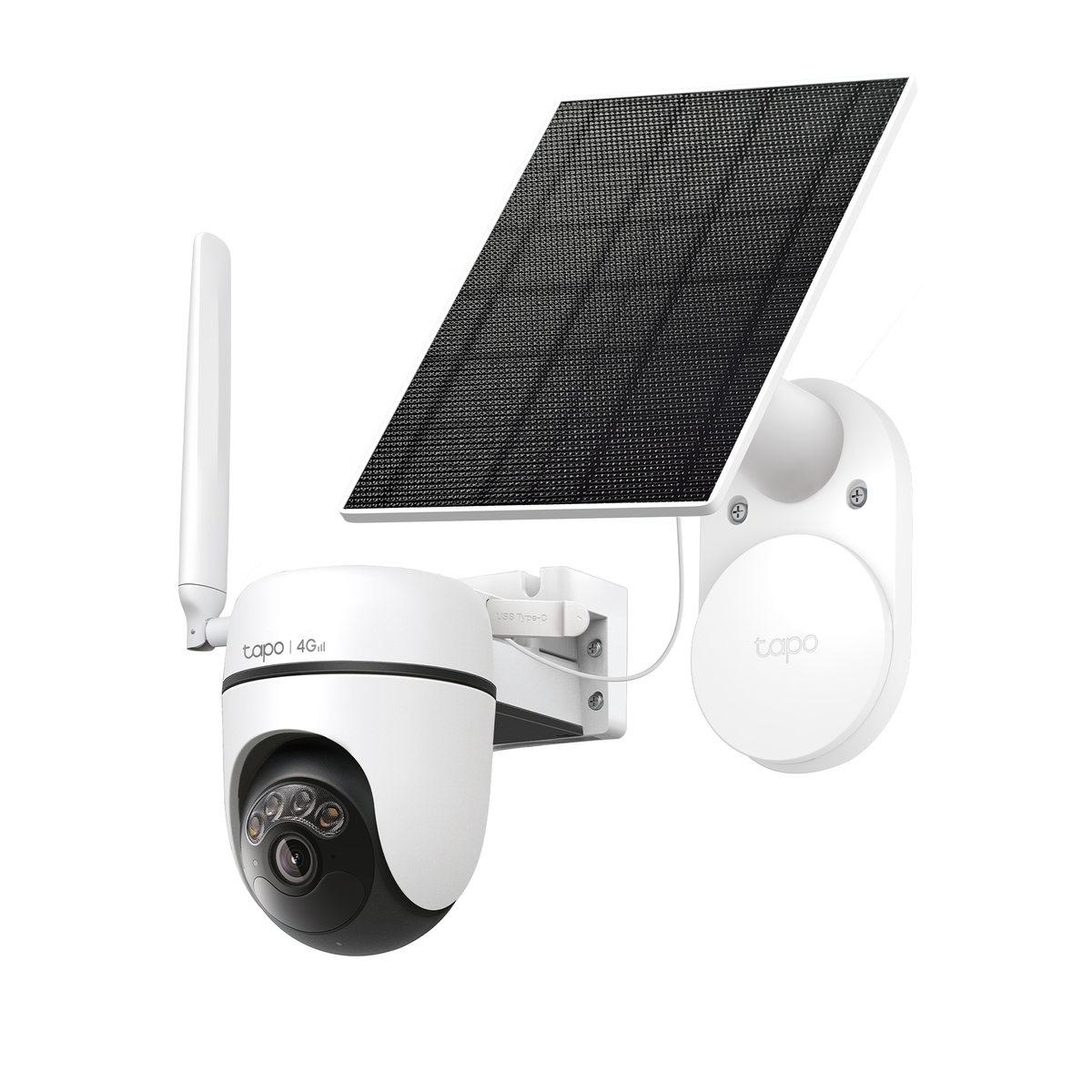 White security camera with solar panel and antenna on a white background.
