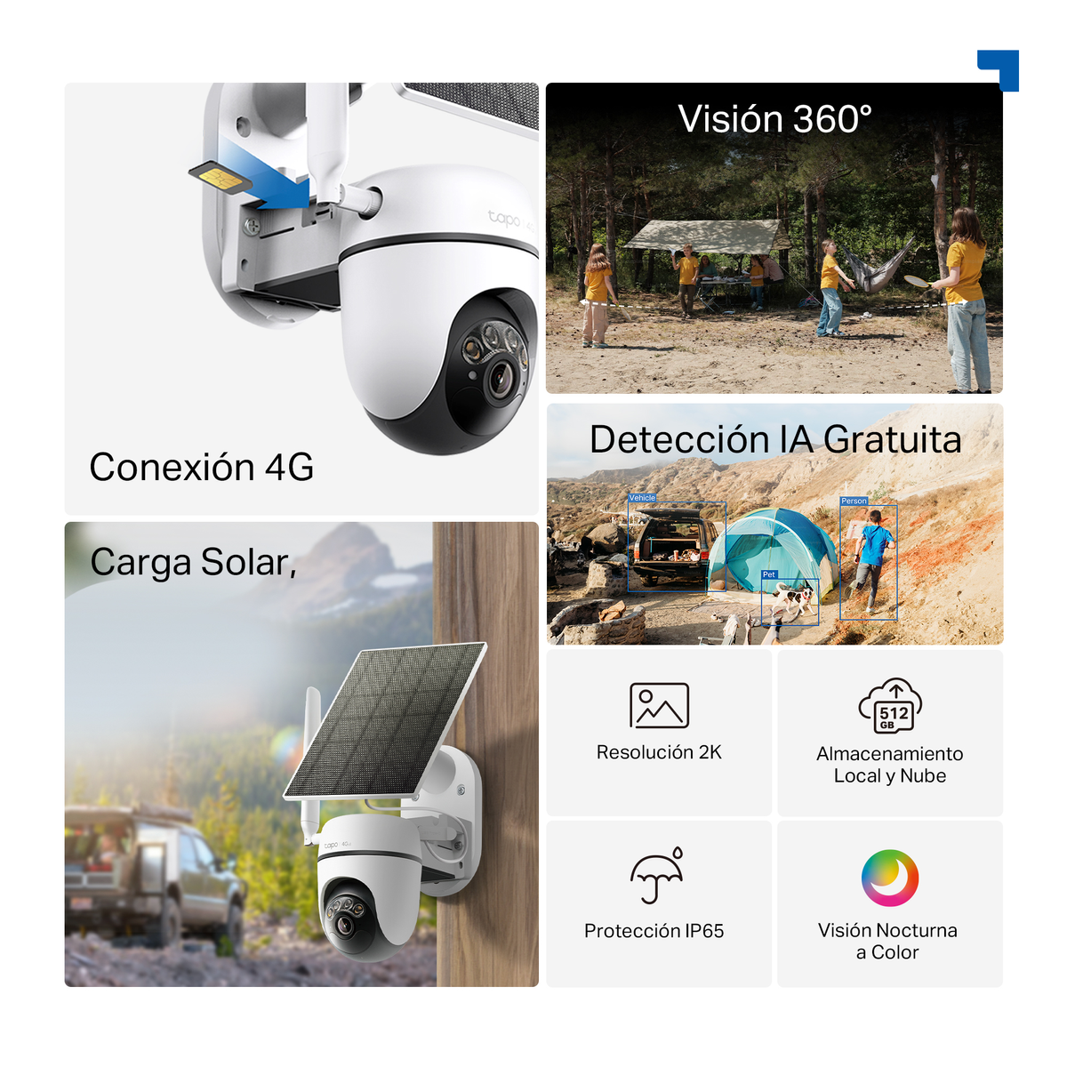Security camera with 4G, solar charging, 360° view, AI detection, 2K resolution, IP65, night vision.