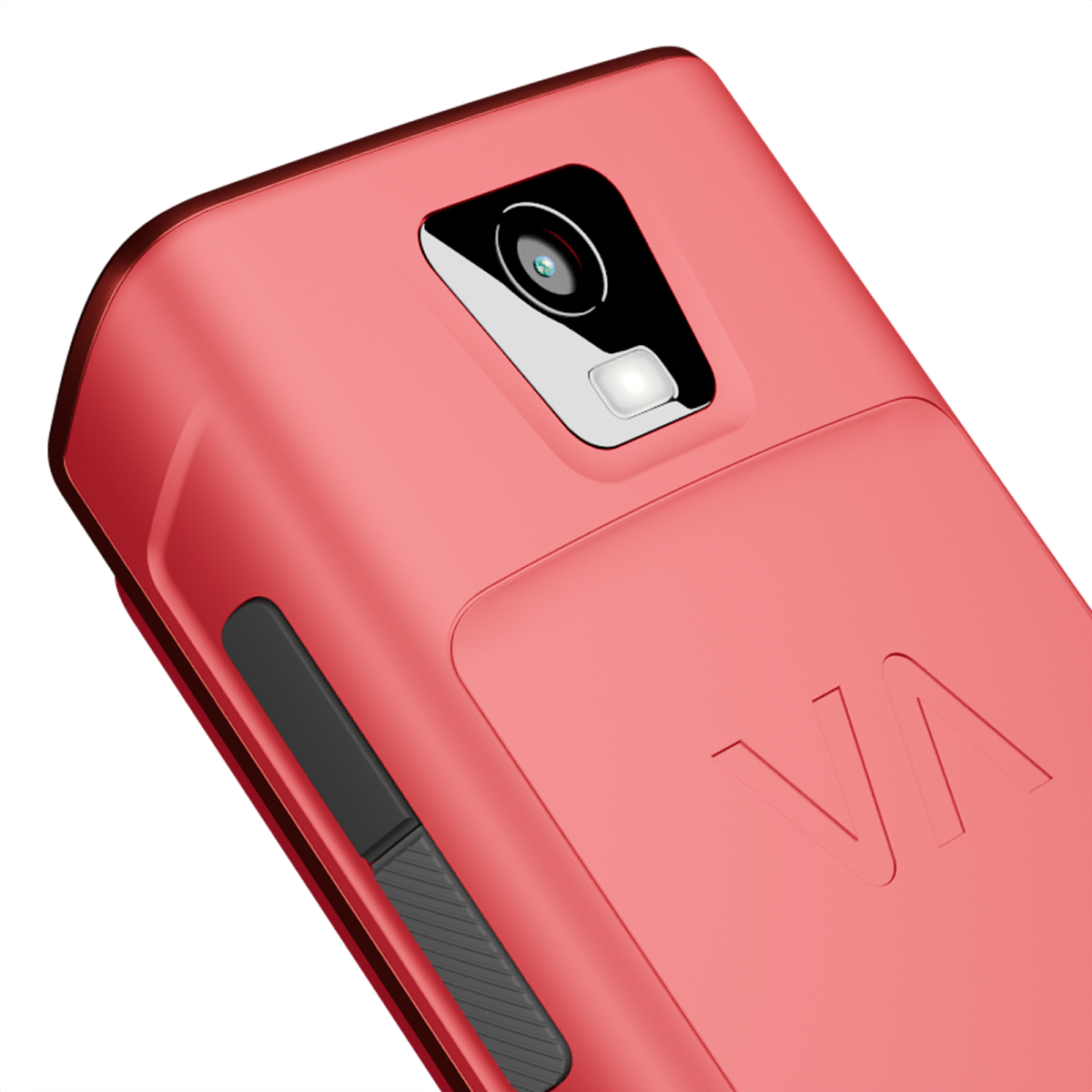 Roter Handy-Rücken mit Kamera und Blitz. VA-Logo eingraviert.