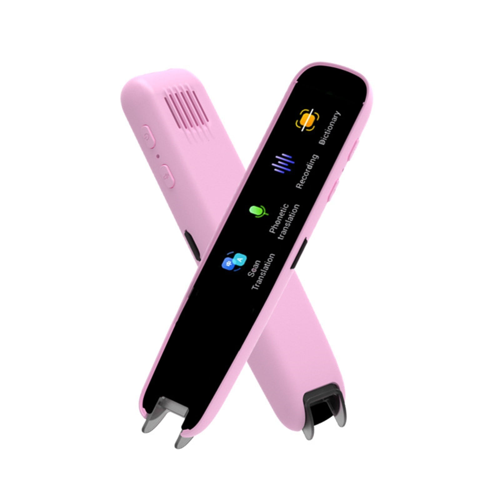 Zwei pinke Scanner-Übersetzungsstifte mit Bildschirmen und Symbolen.