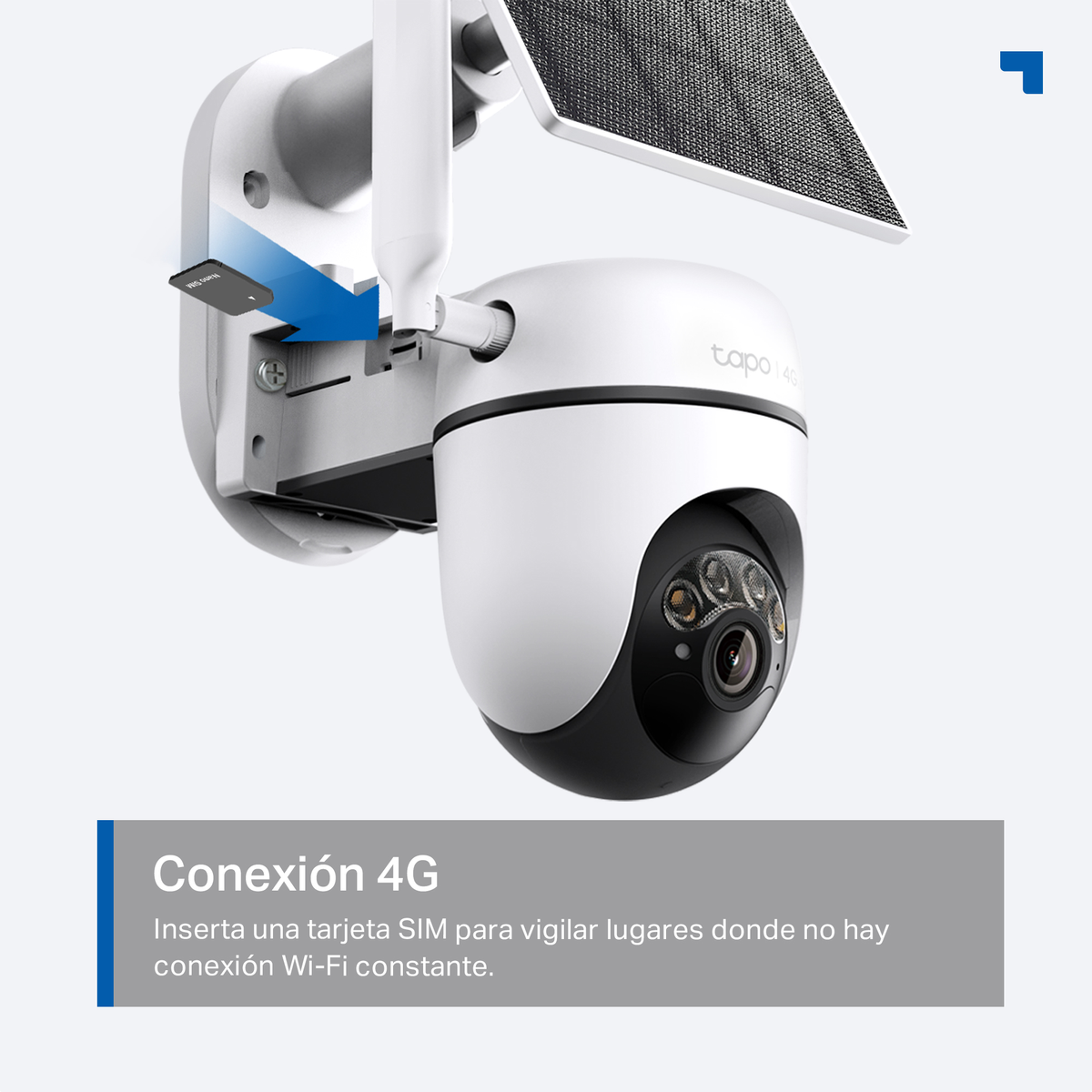 A white security camera with a solar panel and 4G icon.