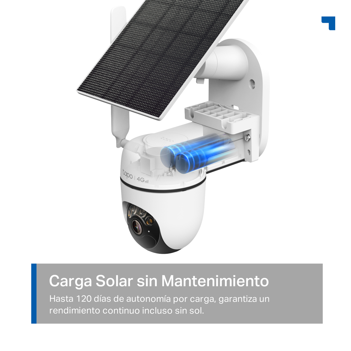 White surveillance camera with solar panel and visible batteries.